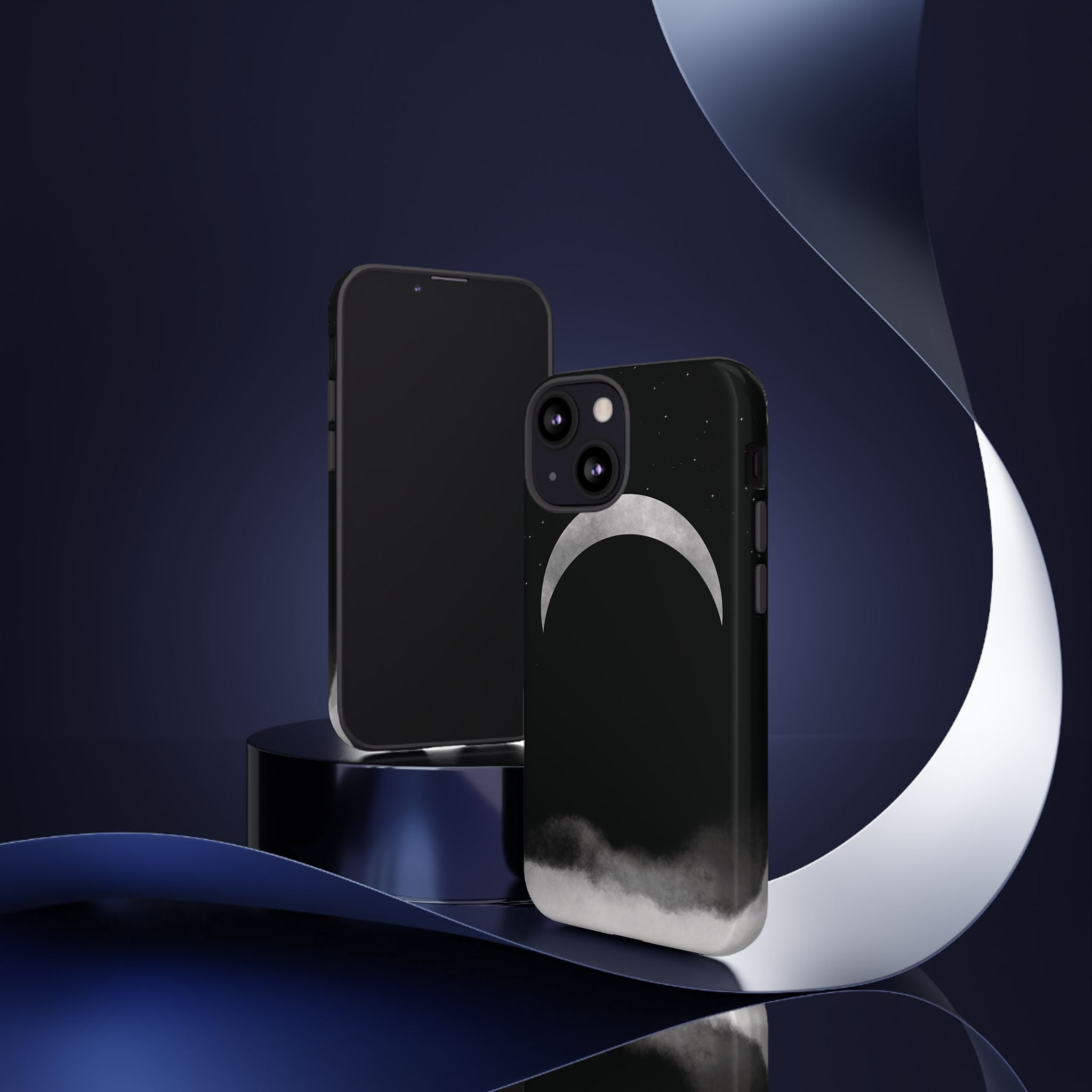Lunar Crescent Tough Phone Case — Black Moon & Fog Protective Cover
