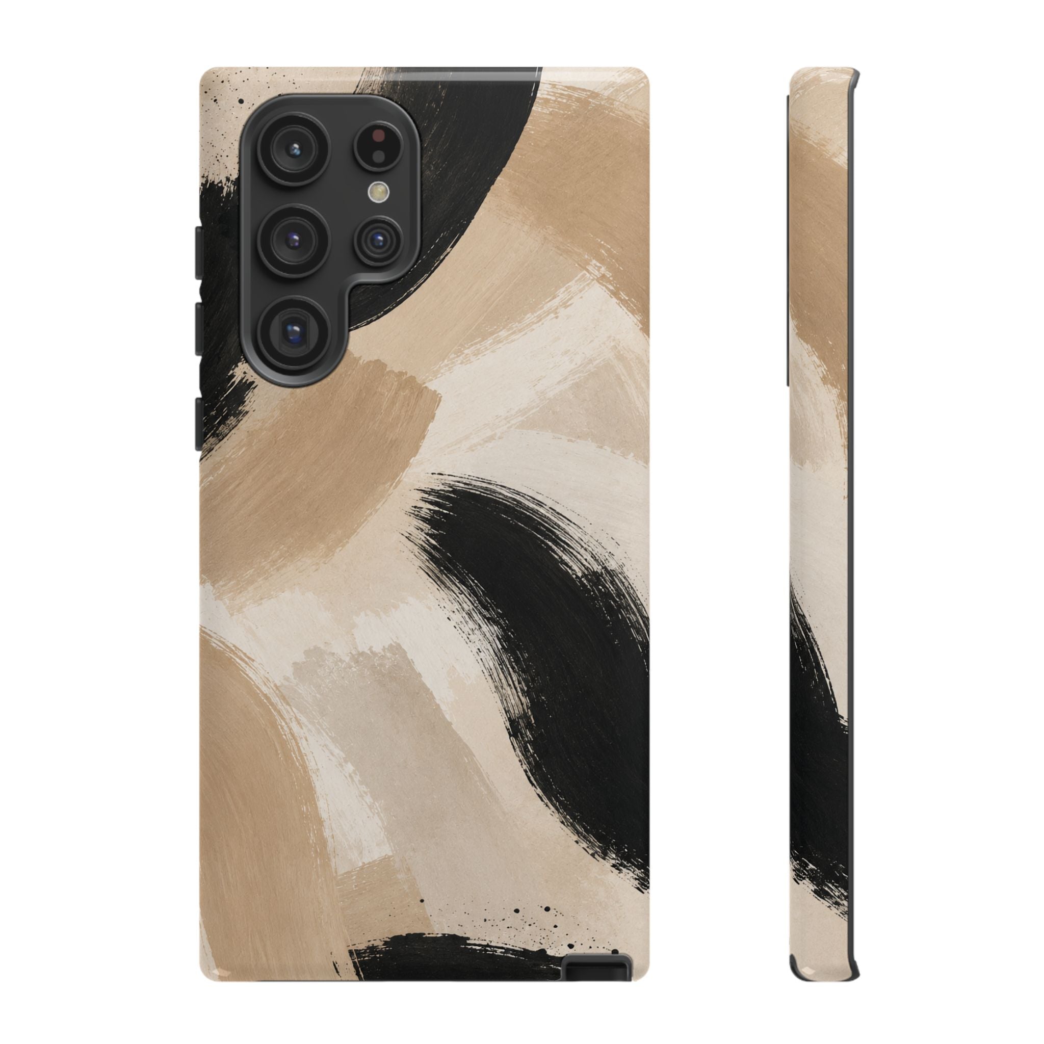 Neutral Brushstroke Tough Phone Case — Abstract Beige & Black Protective Cover