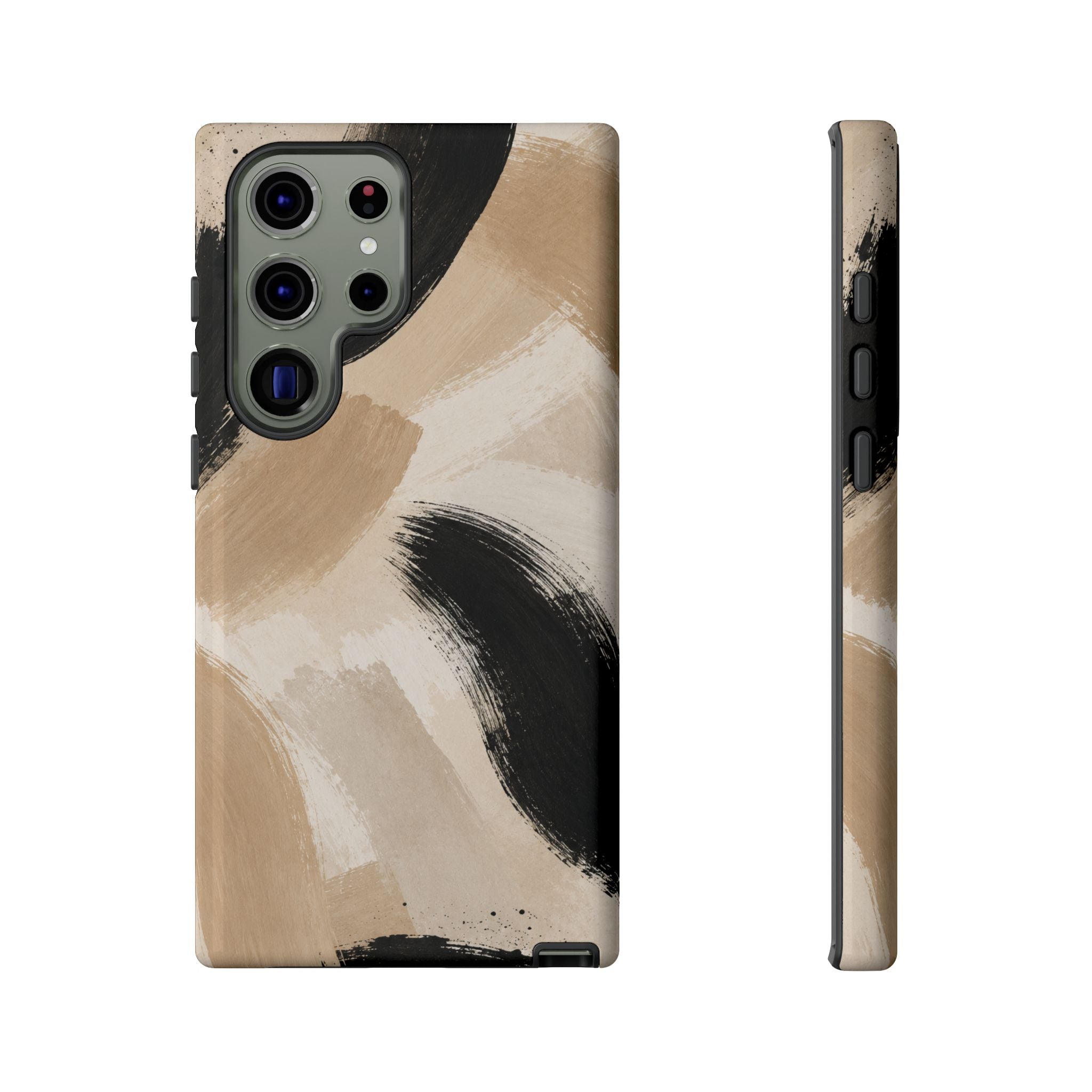 Neutral Brushstroke Tough Phone Case — Abstract Beige & Black Protective Cover
