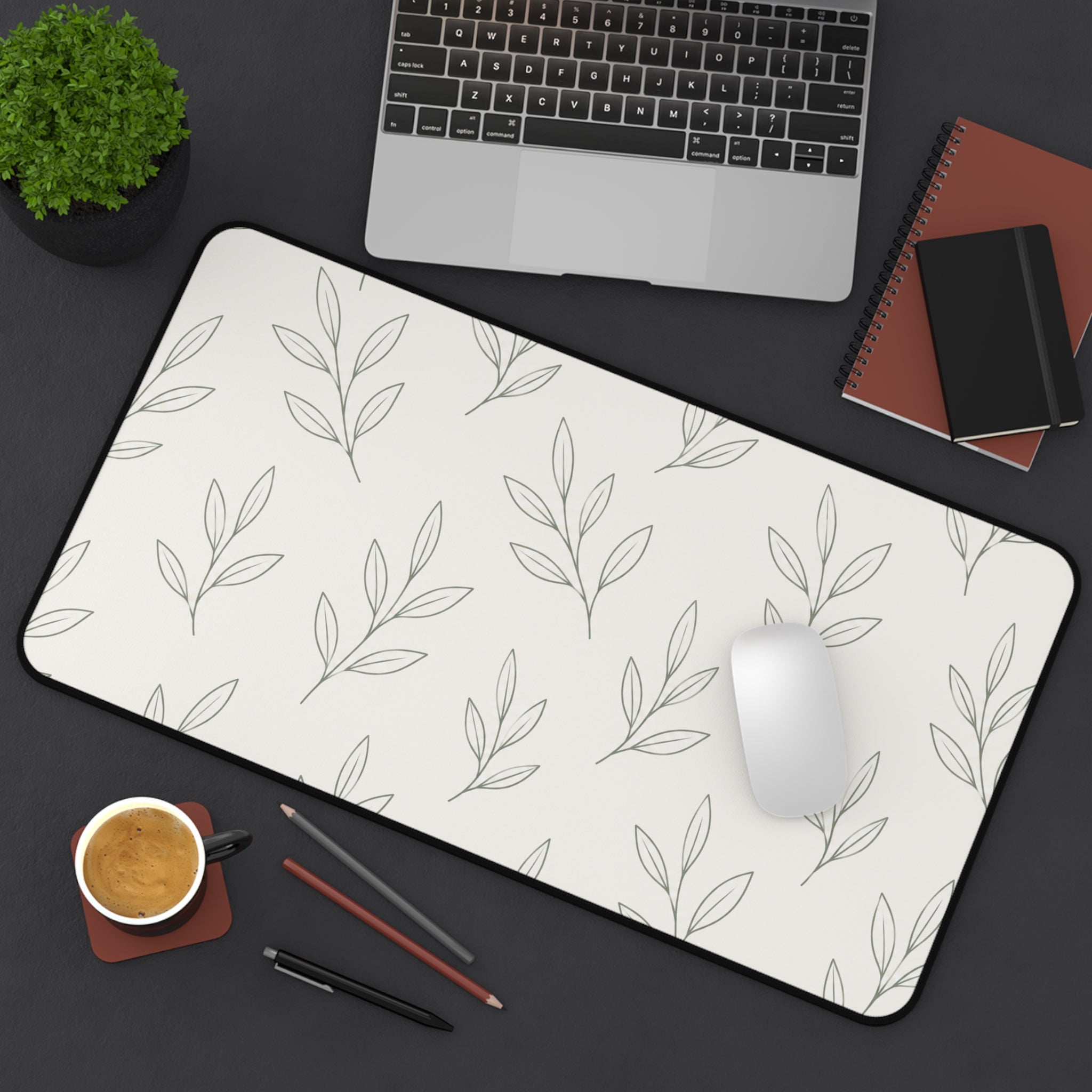 Minimal Botanical Desk Mat — Neutral Leaf Pattern Mouse Pad