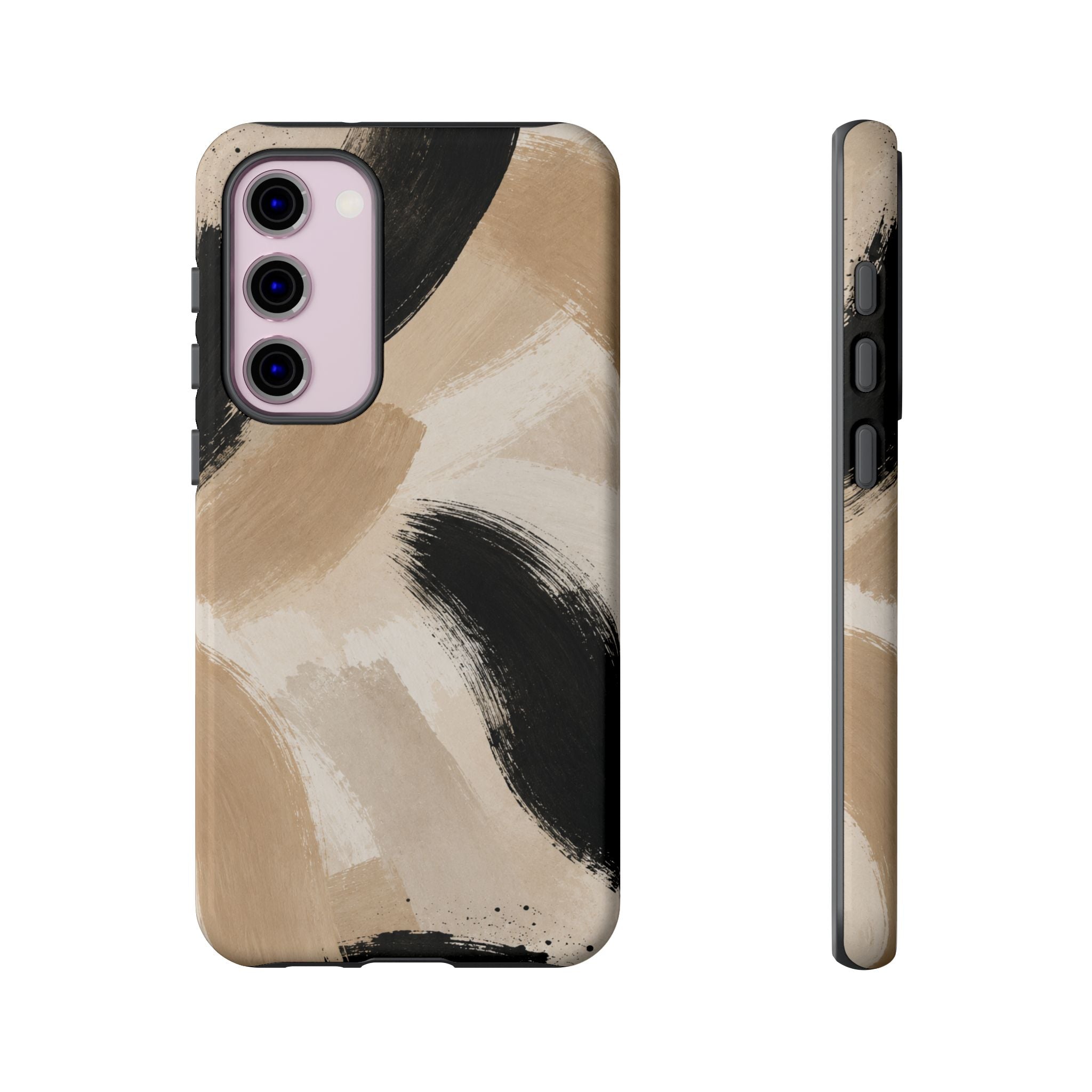 Neutral Brushstroke Tough Phone Case — Abstract Beige & Black Protective Cover