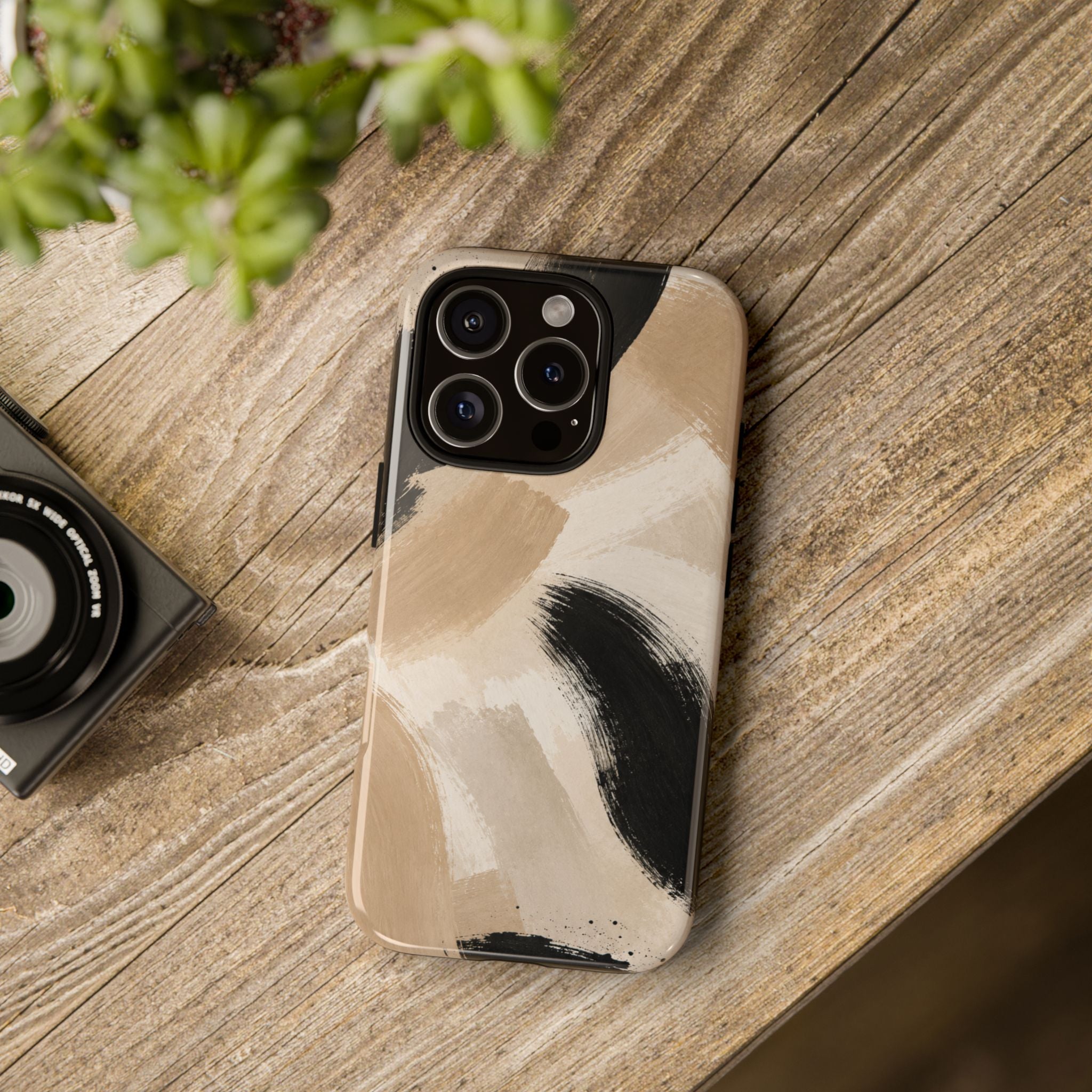 Neutral Brushstroke Tough Phone Case — Abstract Beige & Black Protective Cover