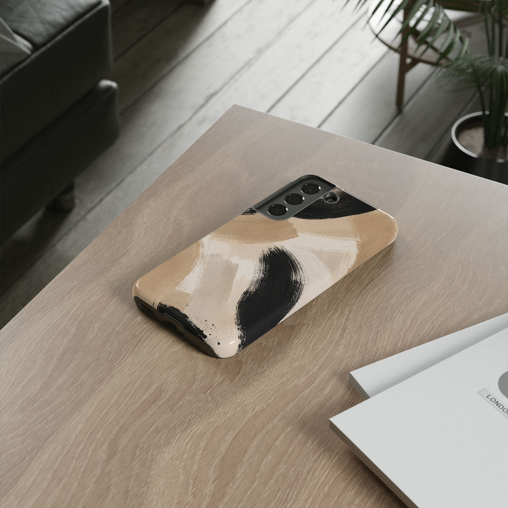 Neutral Brushstroke Tough Phone Case — Abstract Beige & Black Protective Cover