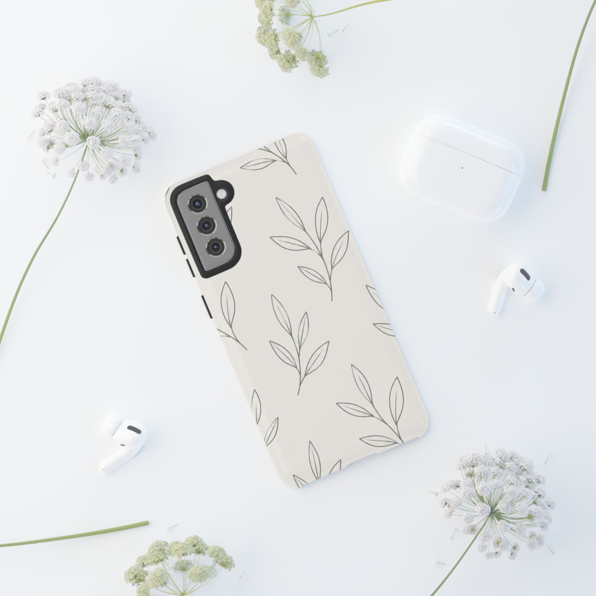 Floral Leaf Tough Phone Case — Minimal Botanical Protective Phone Cover