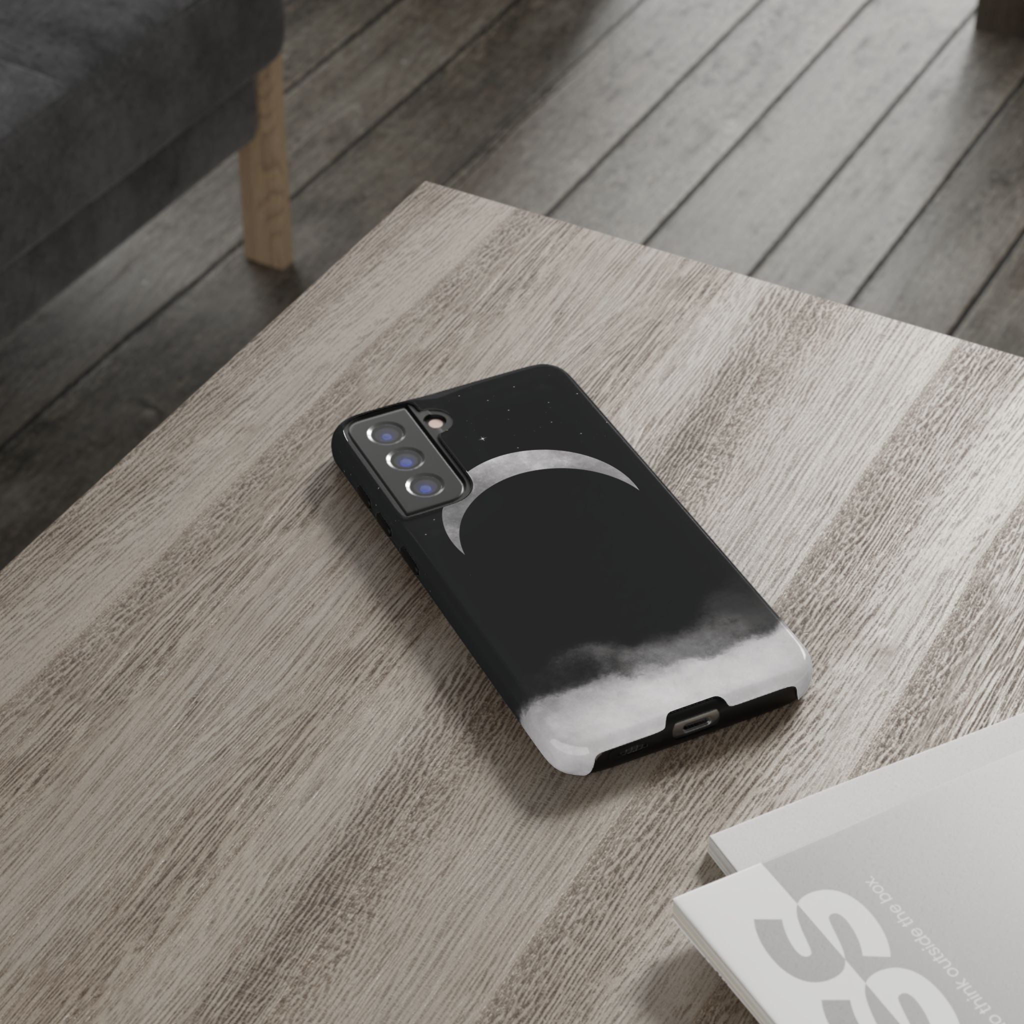 Lunar Crescent Tough Phone Case — Black Moon & Fog Protective Cover