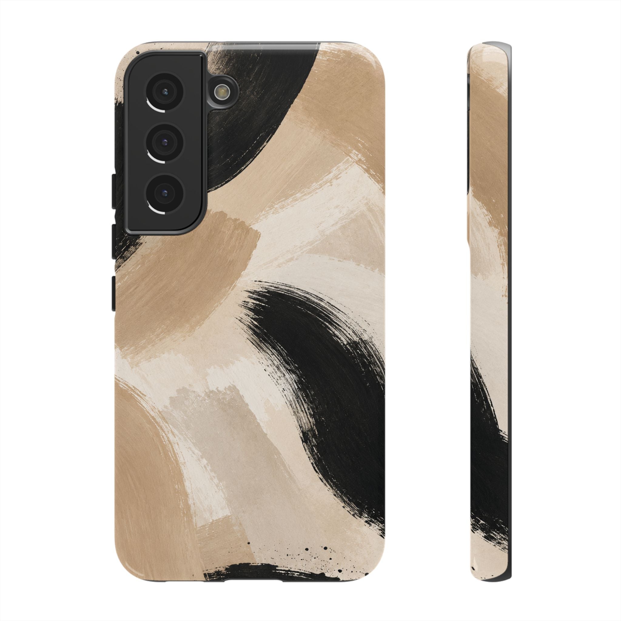 Neutral Brushstroke Tough Phone Case — Abstract Beige & Black Protective Cover