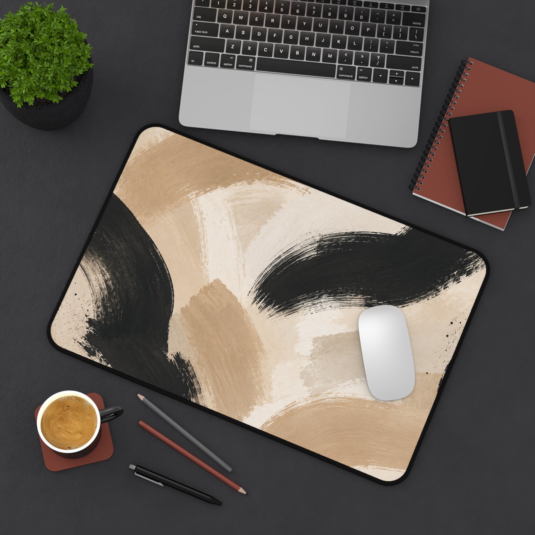 Neutral Abstract Brushstroke Desk Mat — Beige & Black Office Desk Pad