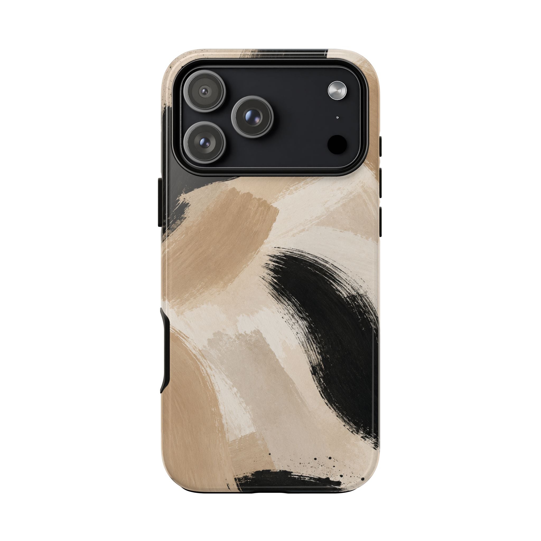 Neutral Brushstroke Tough Phone Case — Abstract Beige & Black Protective Cover