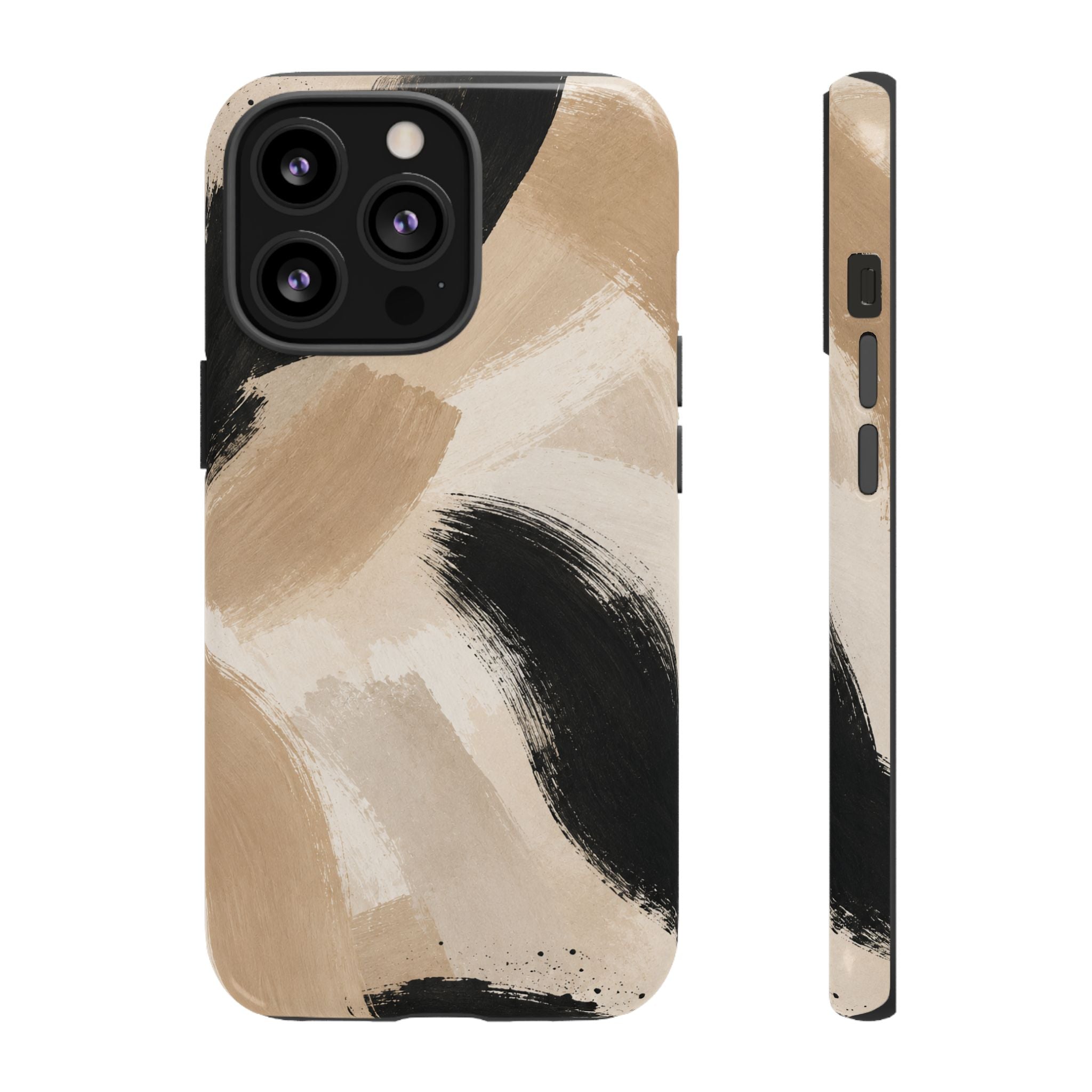 Neutral Brushstroke Tough Phone Case — Abstract Beige & Black Protective Cover