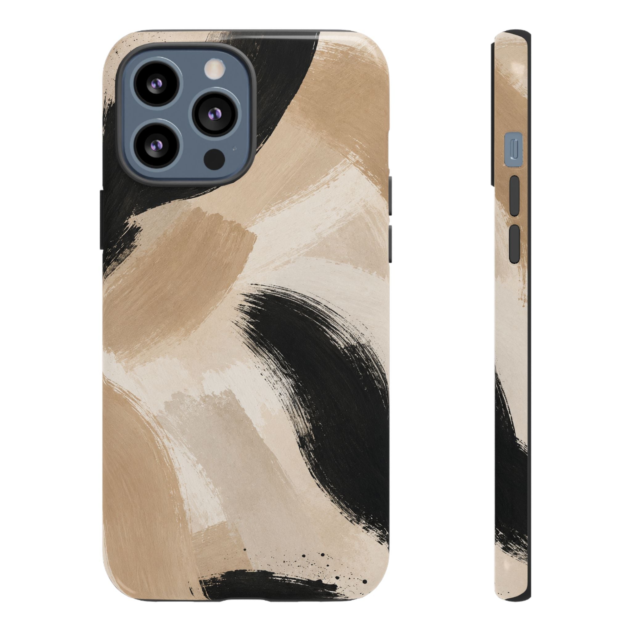 Neutral Brushstroke Tough Phone Case — Abstract Beige & Black Protective Cover