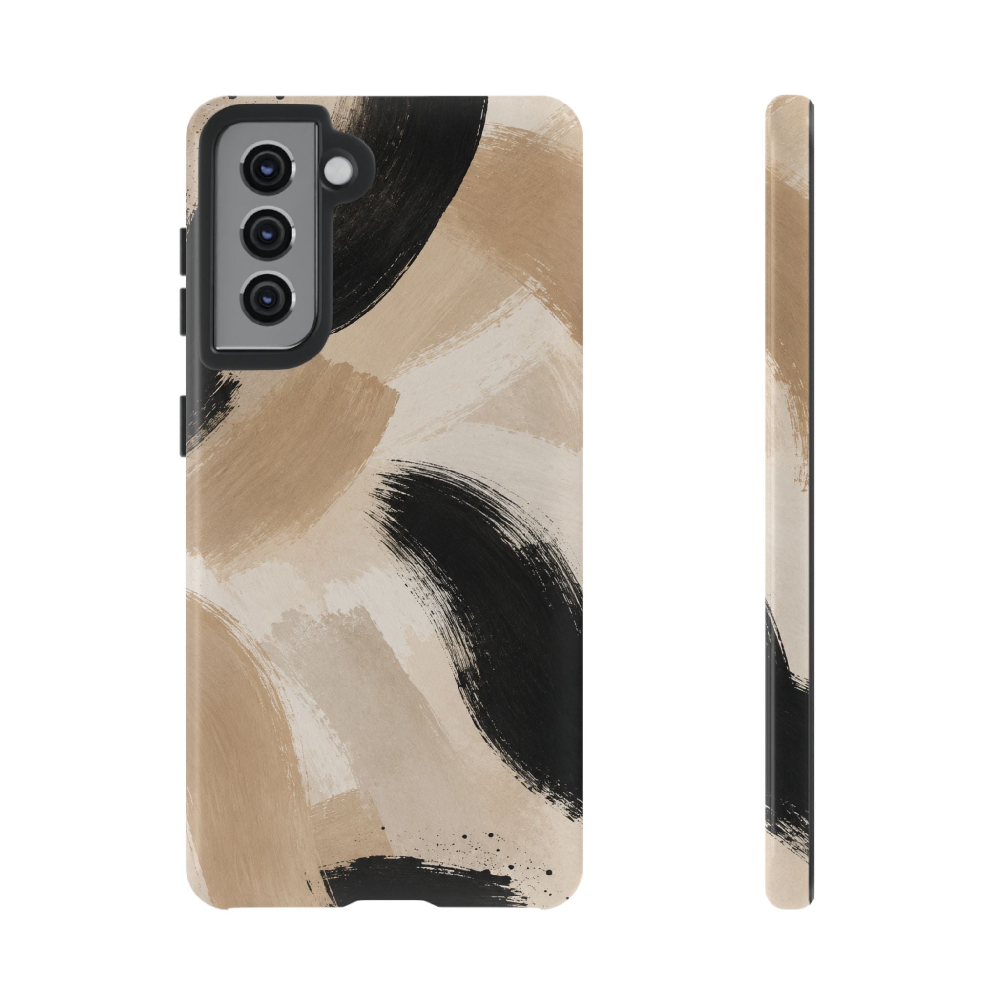 Neutral Brushstroke Tough Phone Case — Abstract Beige & Black Protective Cover