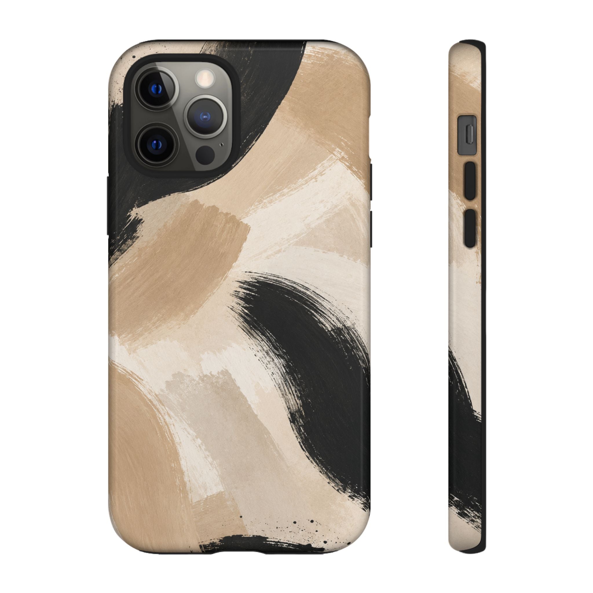 Neutral Brushstroke Tough Phone Case — Abstract Beige & Black Protective Cover