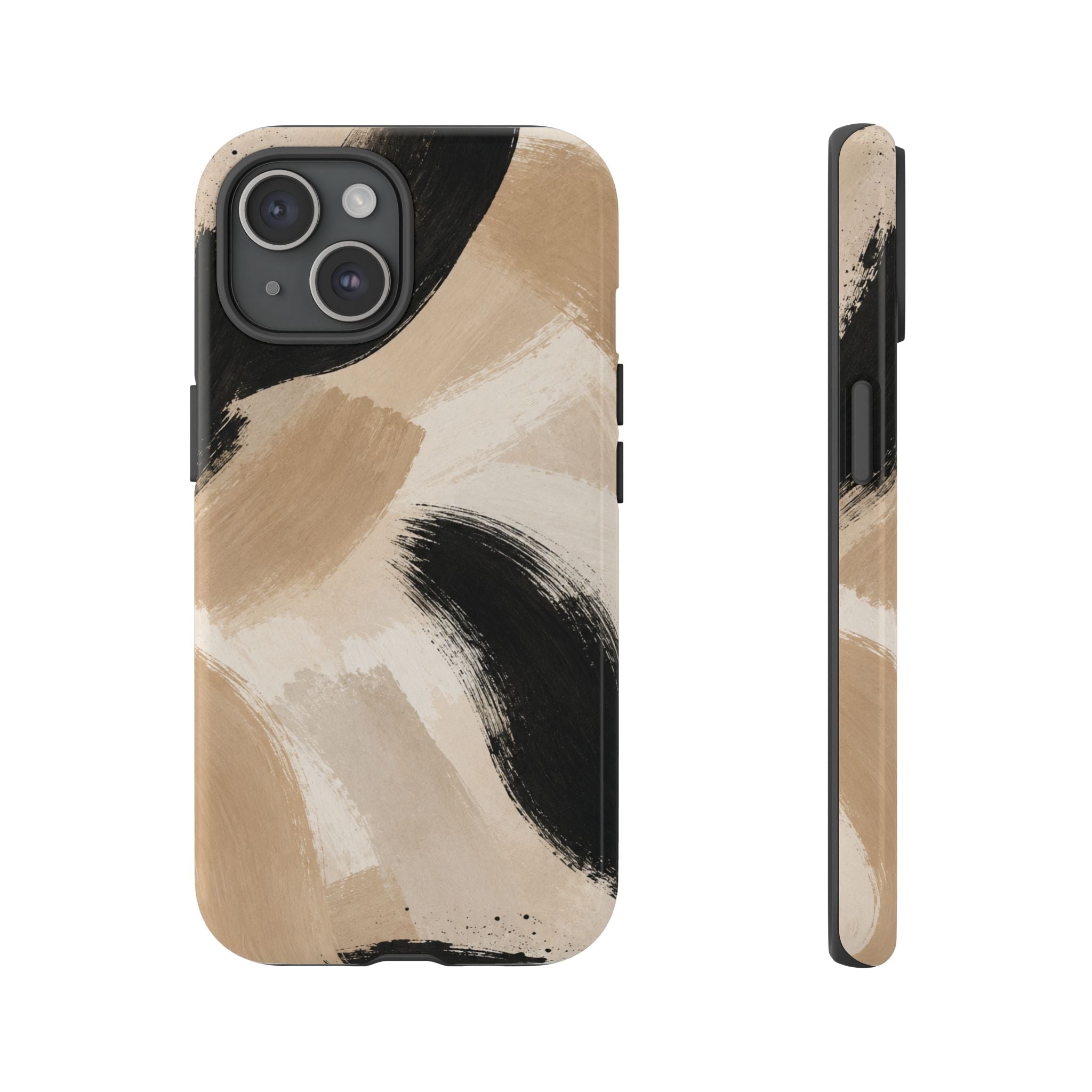 Neutral Brushstroke Tough Phone Case — Abstract Beige & Black Protective Cover