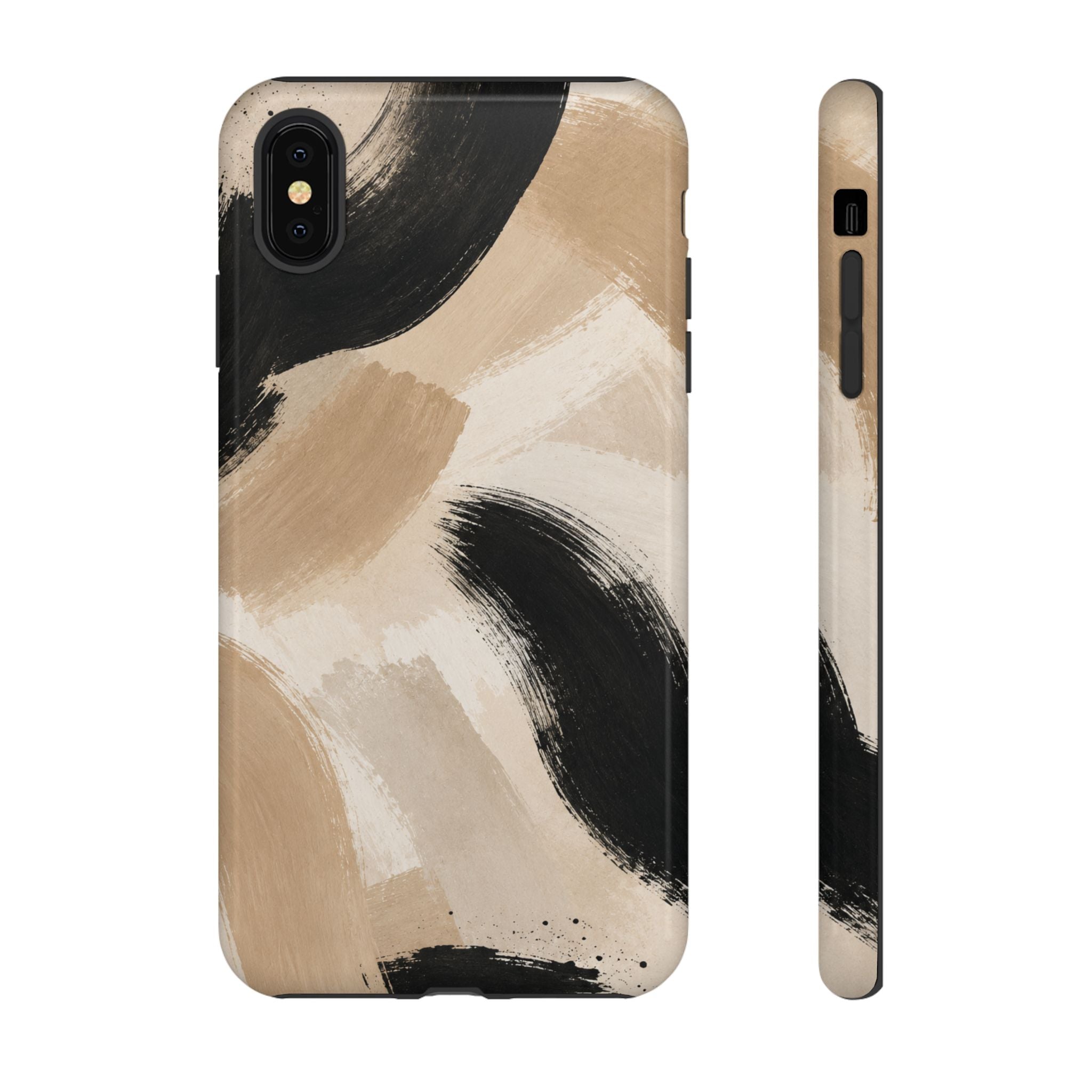 Neutral Brushstroke Tough Phone Case — Abstract Beige & Black Protective Cover