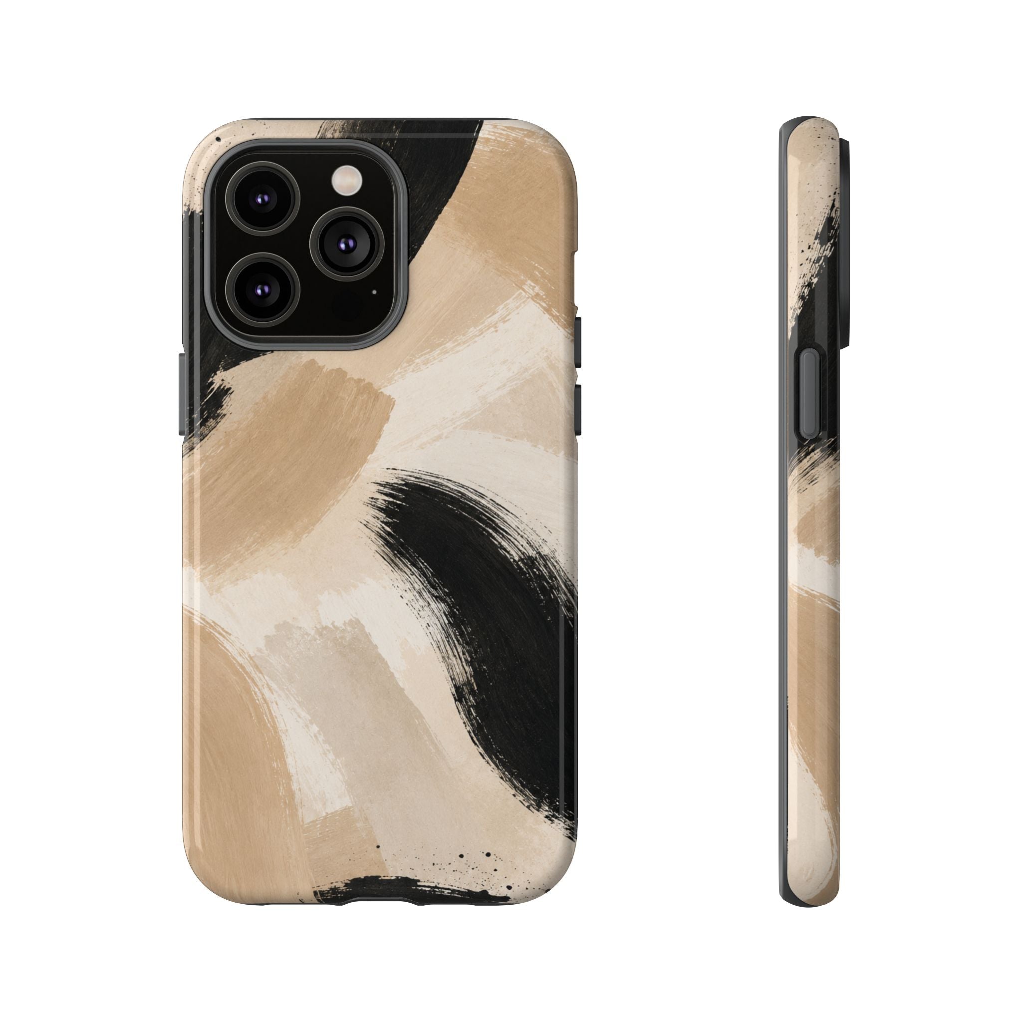 Neutral Brushstroke Tough Phone Case — Abstract Beige & Black Protective Cover