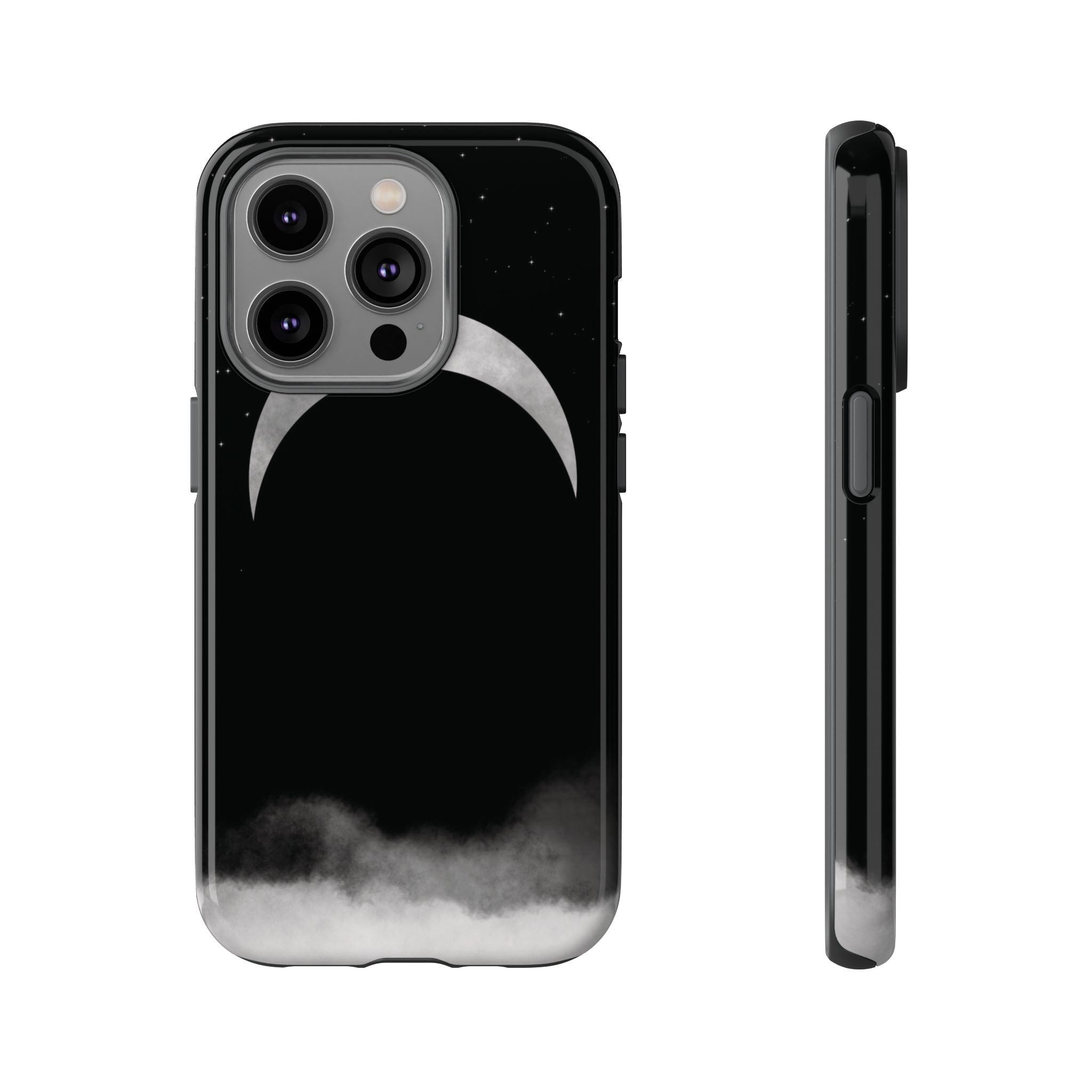 Lunar Crescent Tough Phone Case — Black Moon & Fog Protective Cover
