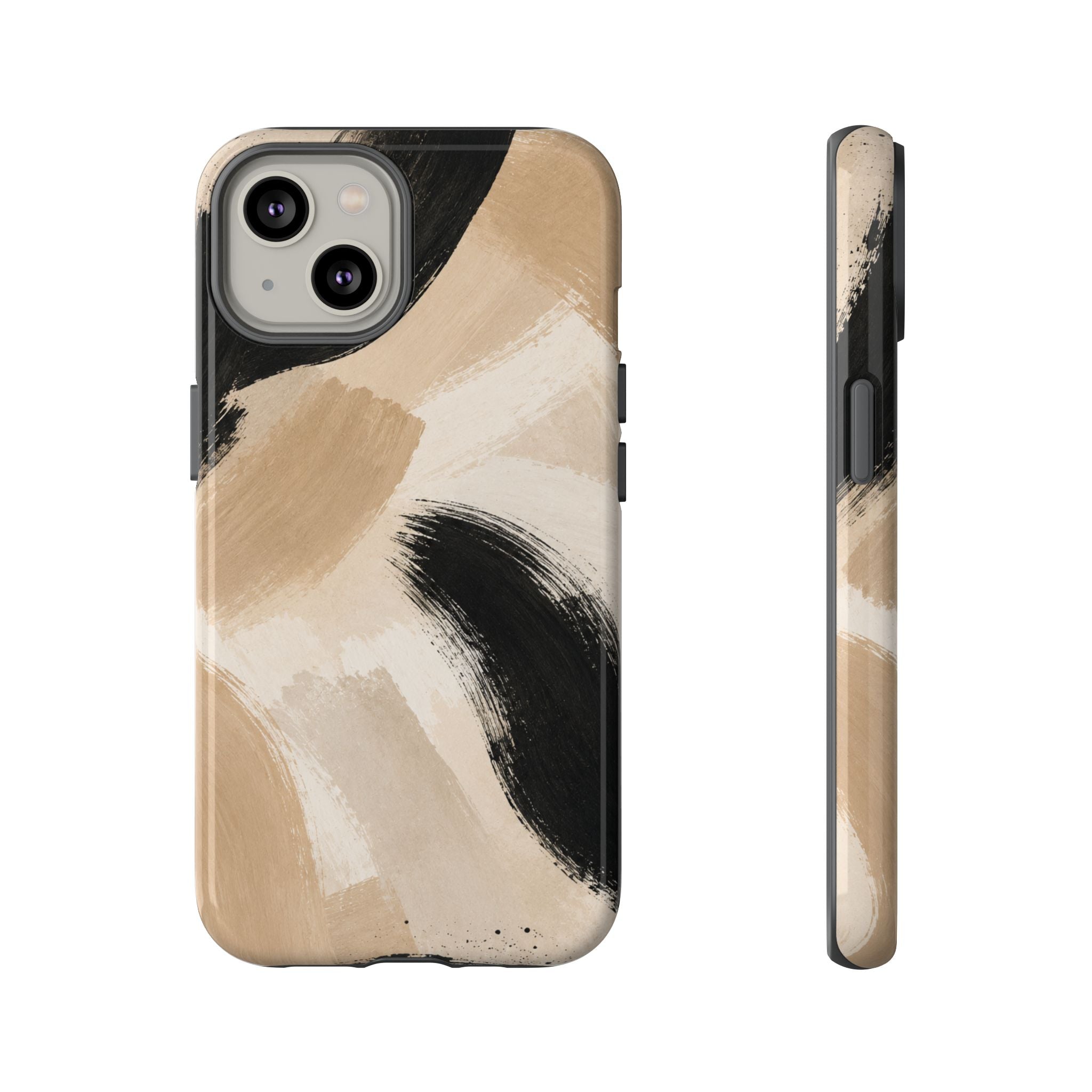 Neutral Brushstroke Tough Phone Case — Abstract Beige & Black Protective Cover