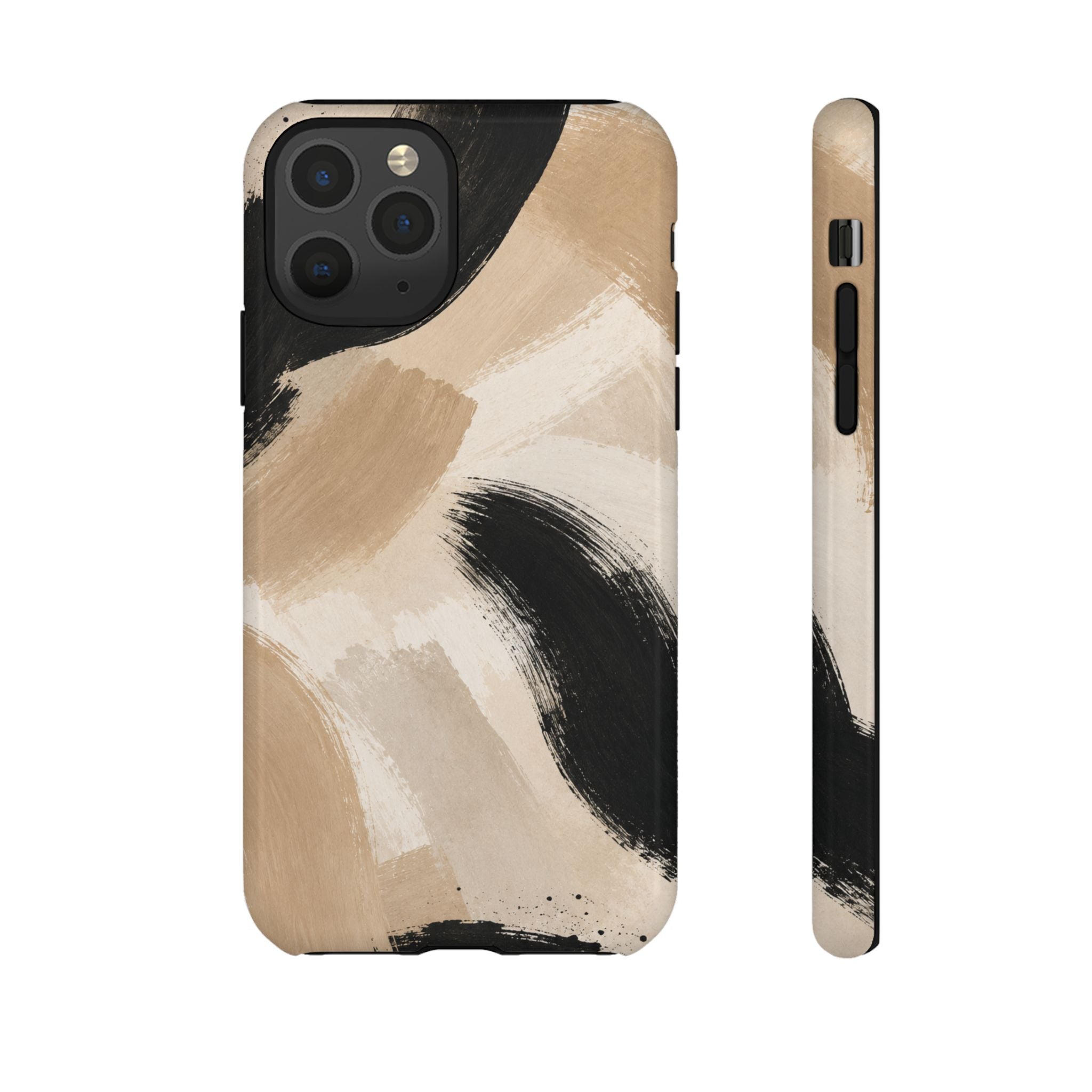 Neutral Brushstroke Tough Phone Case — Abstract Beige & Black Protective Cover