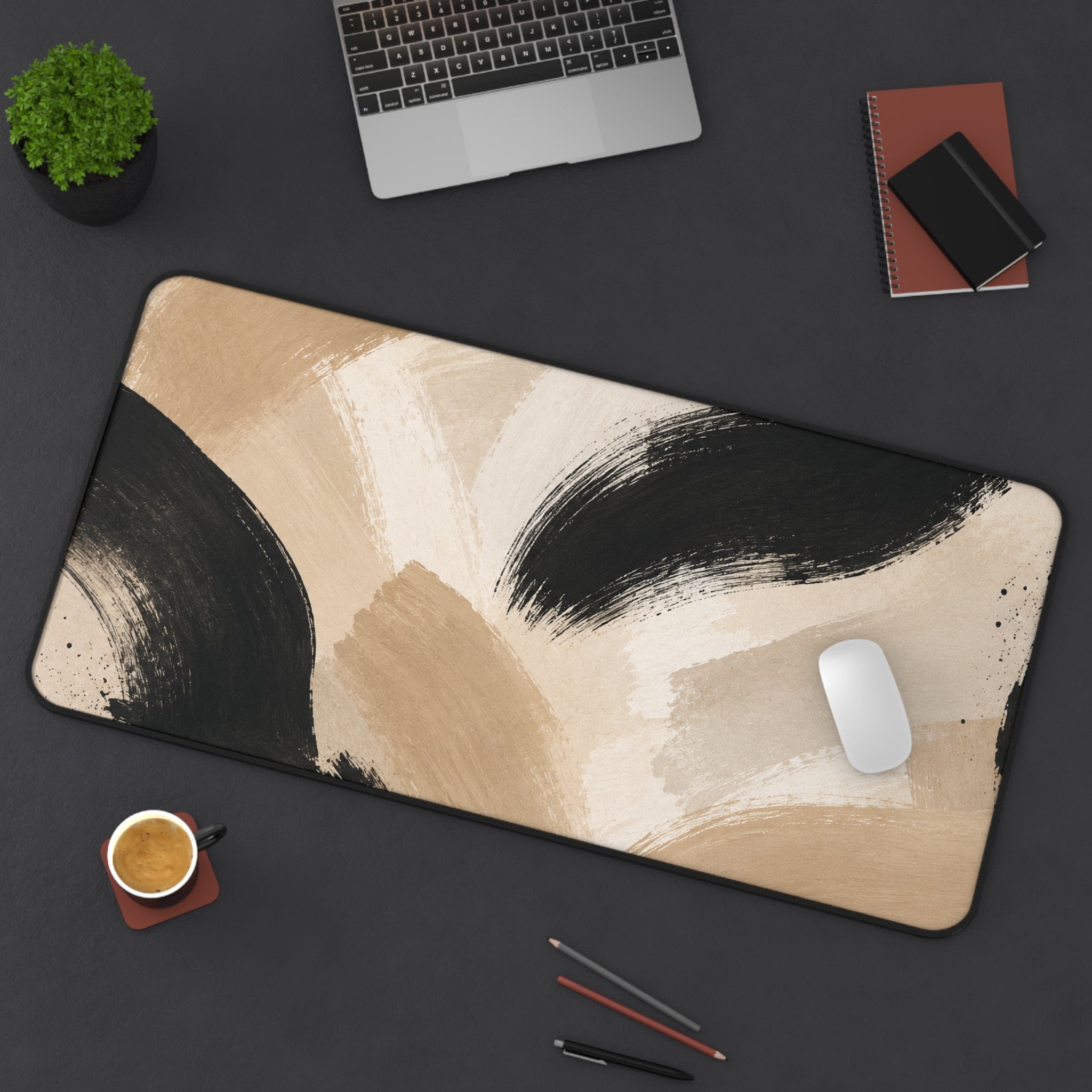 Neutral Abstract Brushstroke Desk Mat — Beige & Black Office Desk Pad