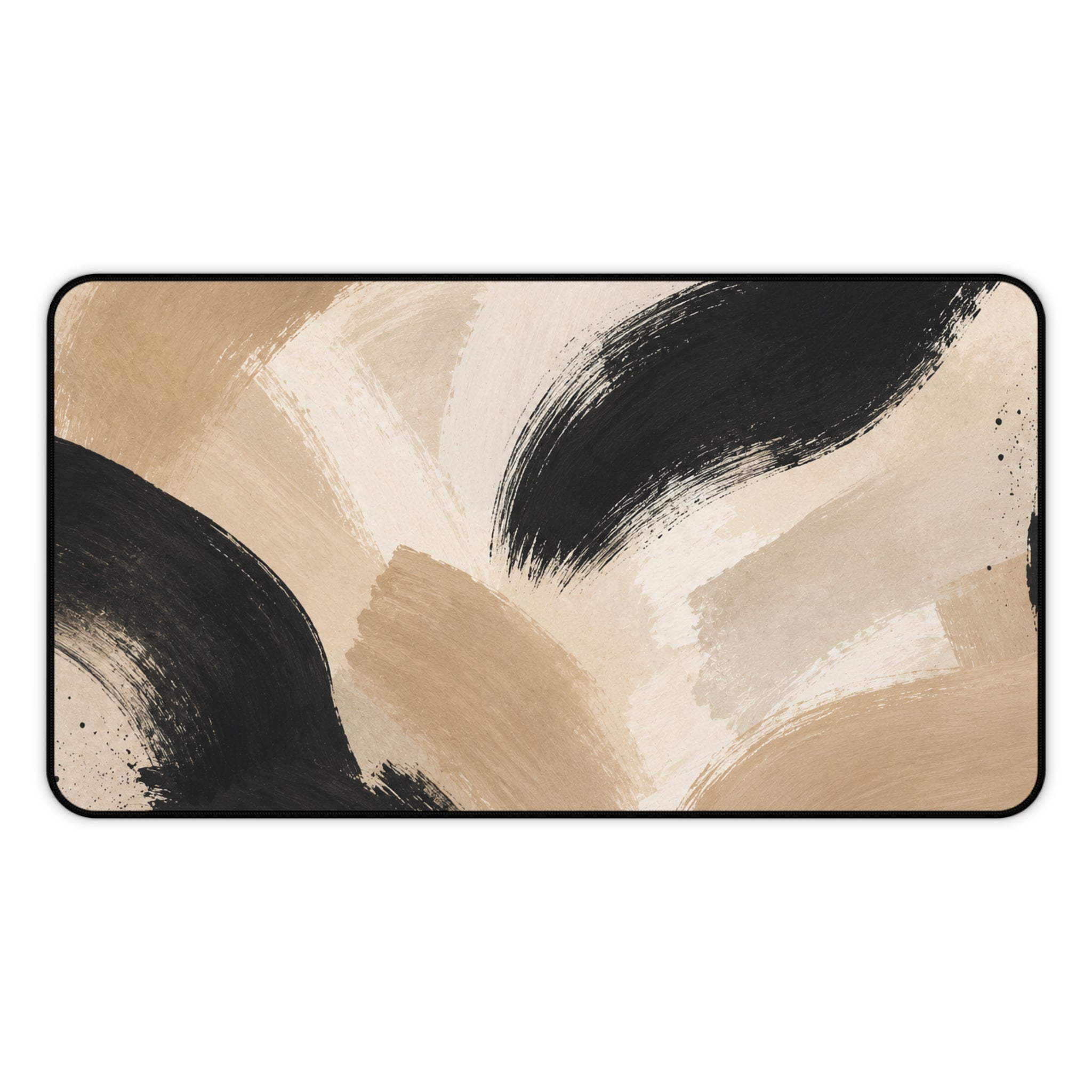 Neutral Abstract Brushstroke Desk Mat — Beige & Black Office Desk Pad