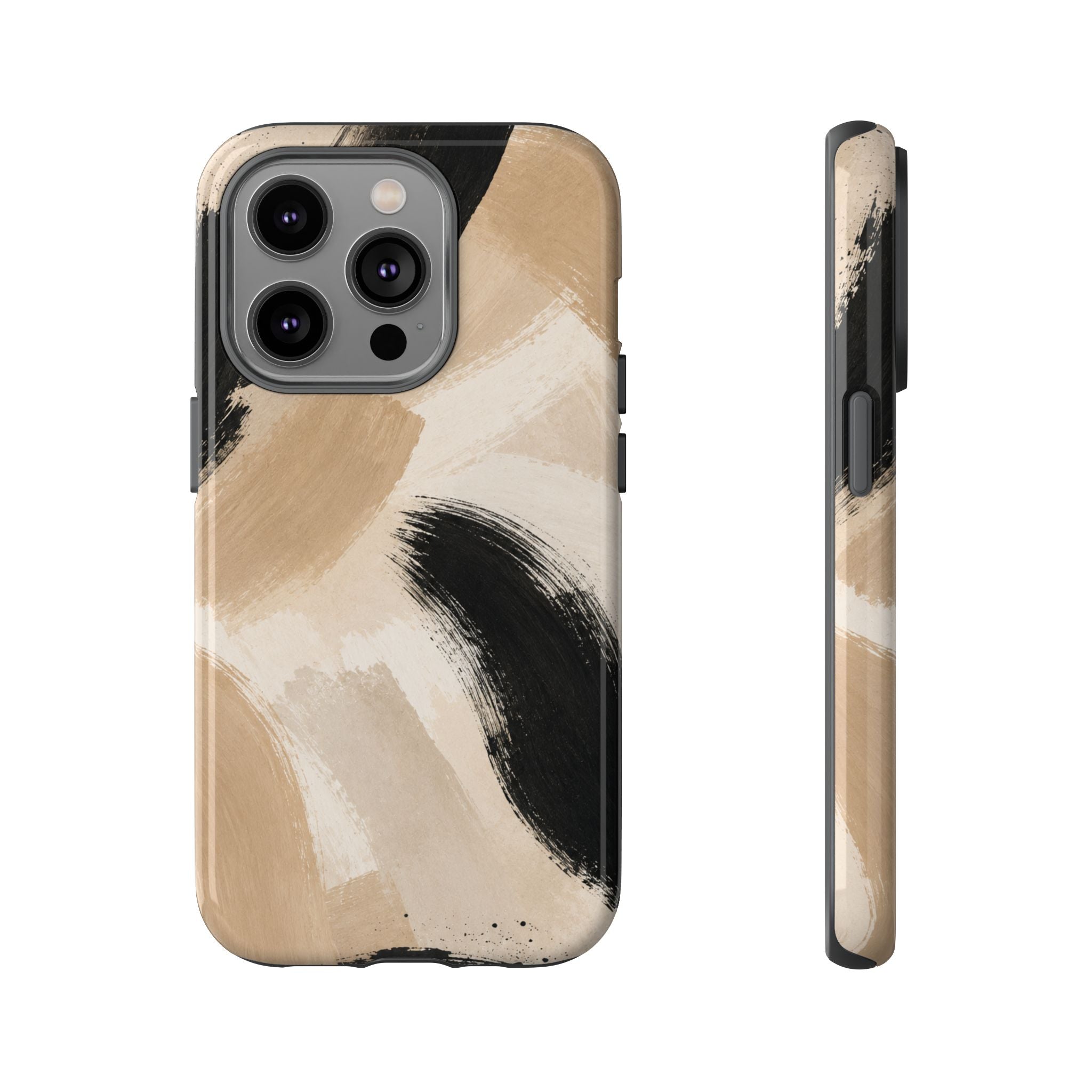Neutral Brushstroke Tough Phone Case — Abstract Beige & Black Protective Cover