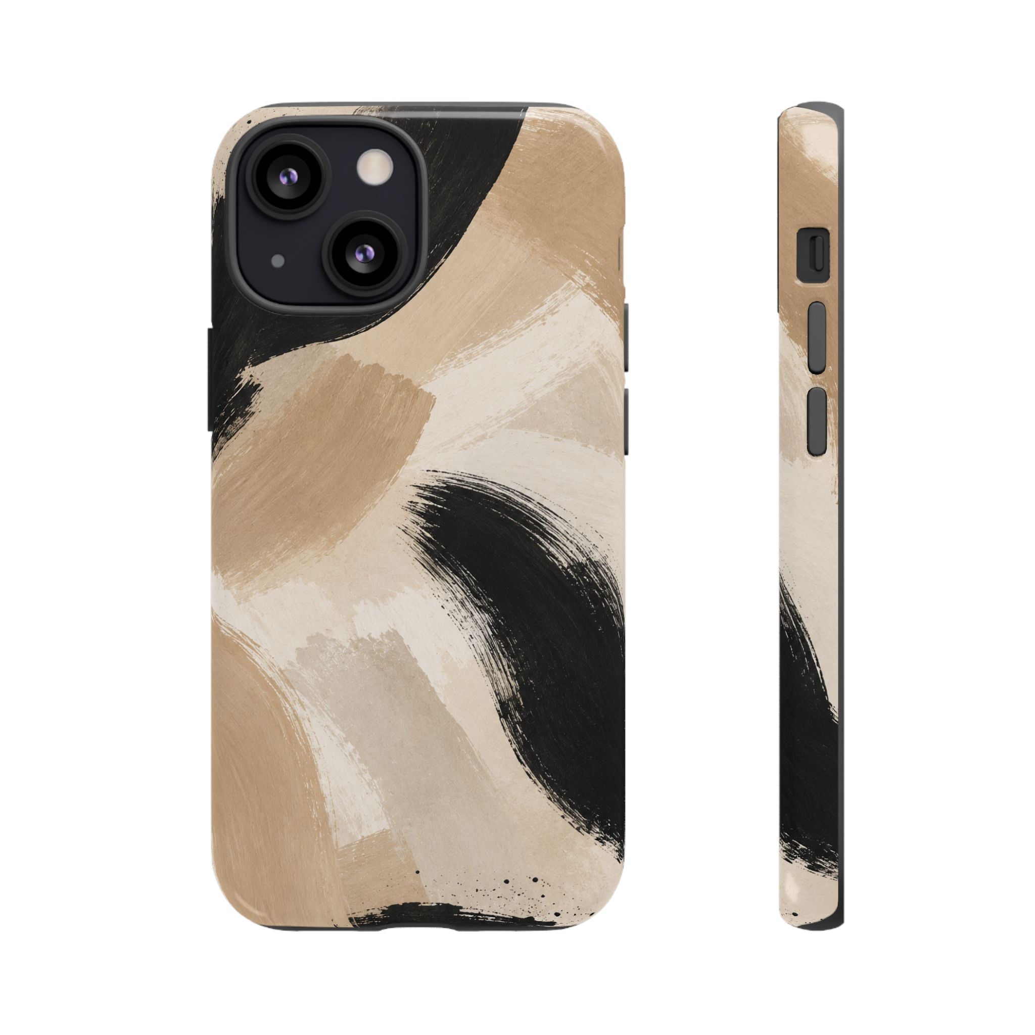 Neutral Brushstroke Tough Phone Case — Abstract Beige & Black Protective Cover