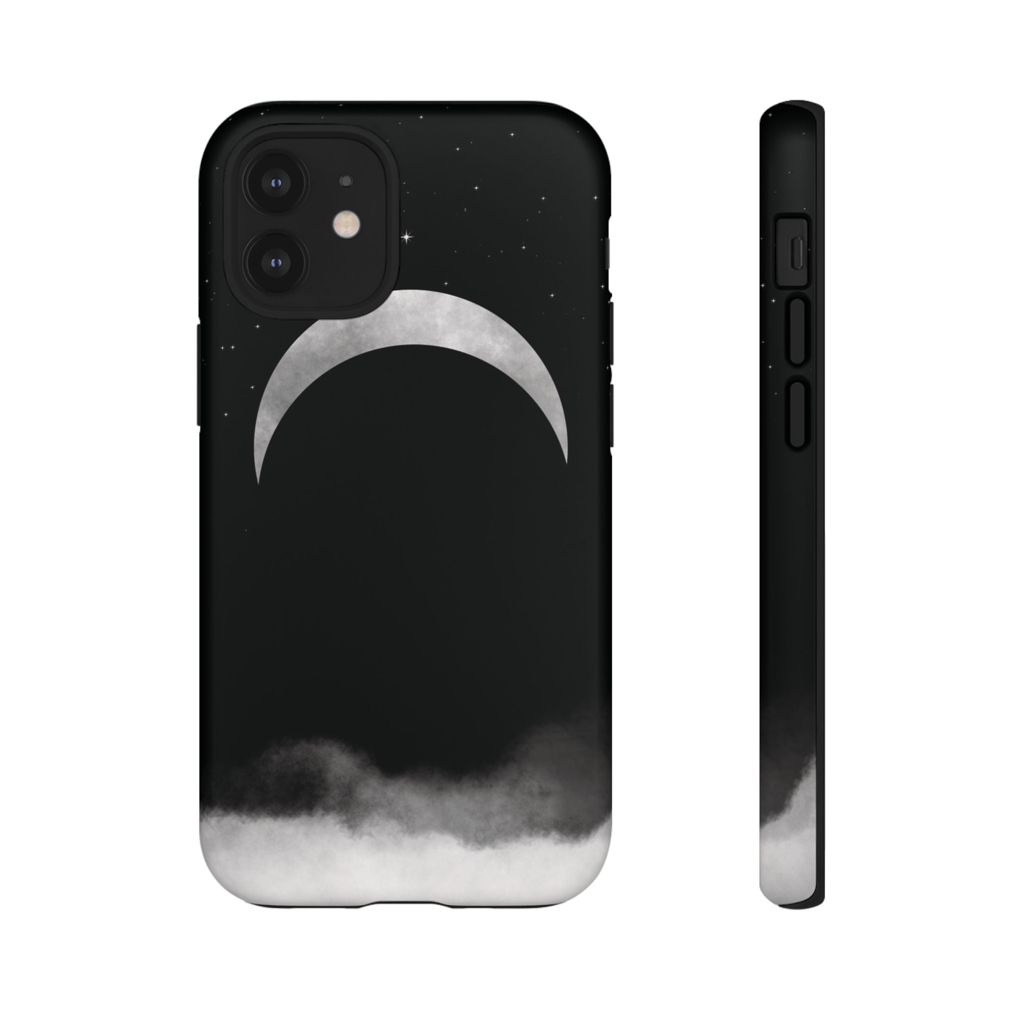 Lunar Crescent Tough Phone Case — Black Moon & Fog Protective Cover