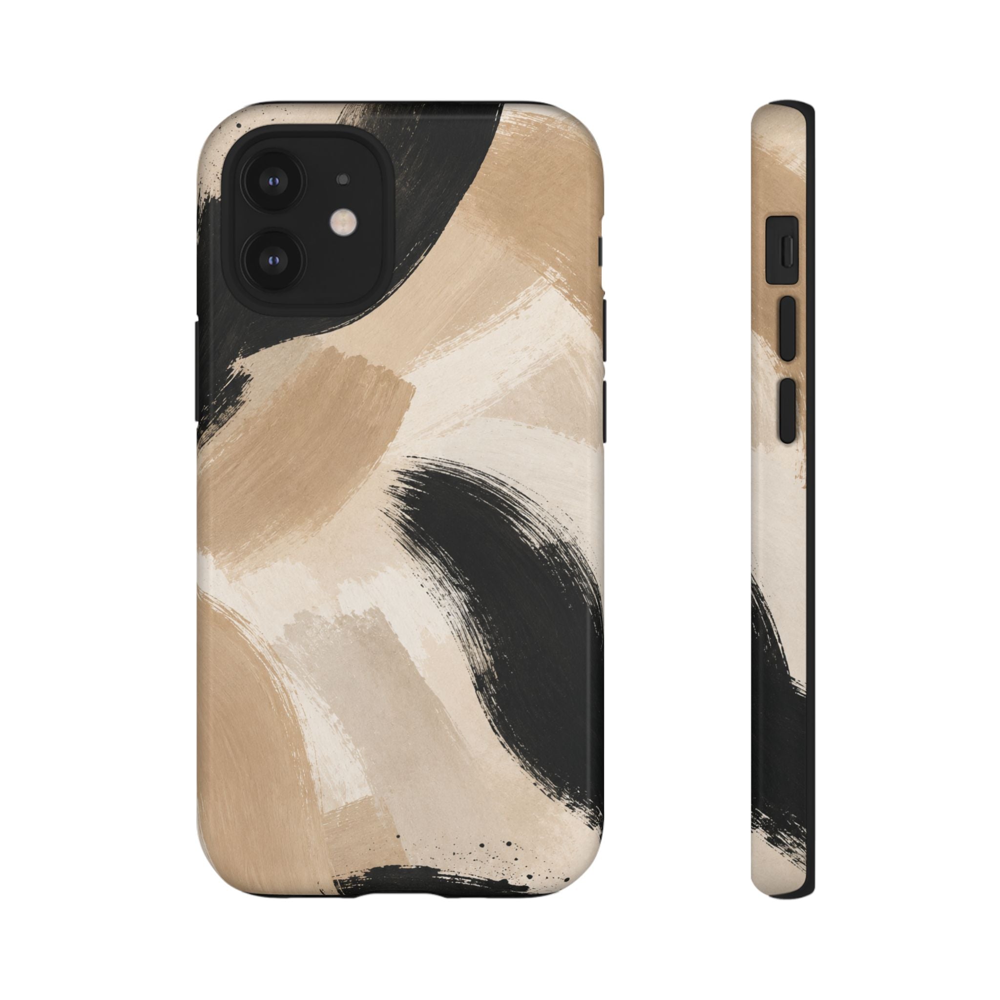 Neutral Brushstroke Tough Phone Case — Abstract Beige & Black Protective Cover