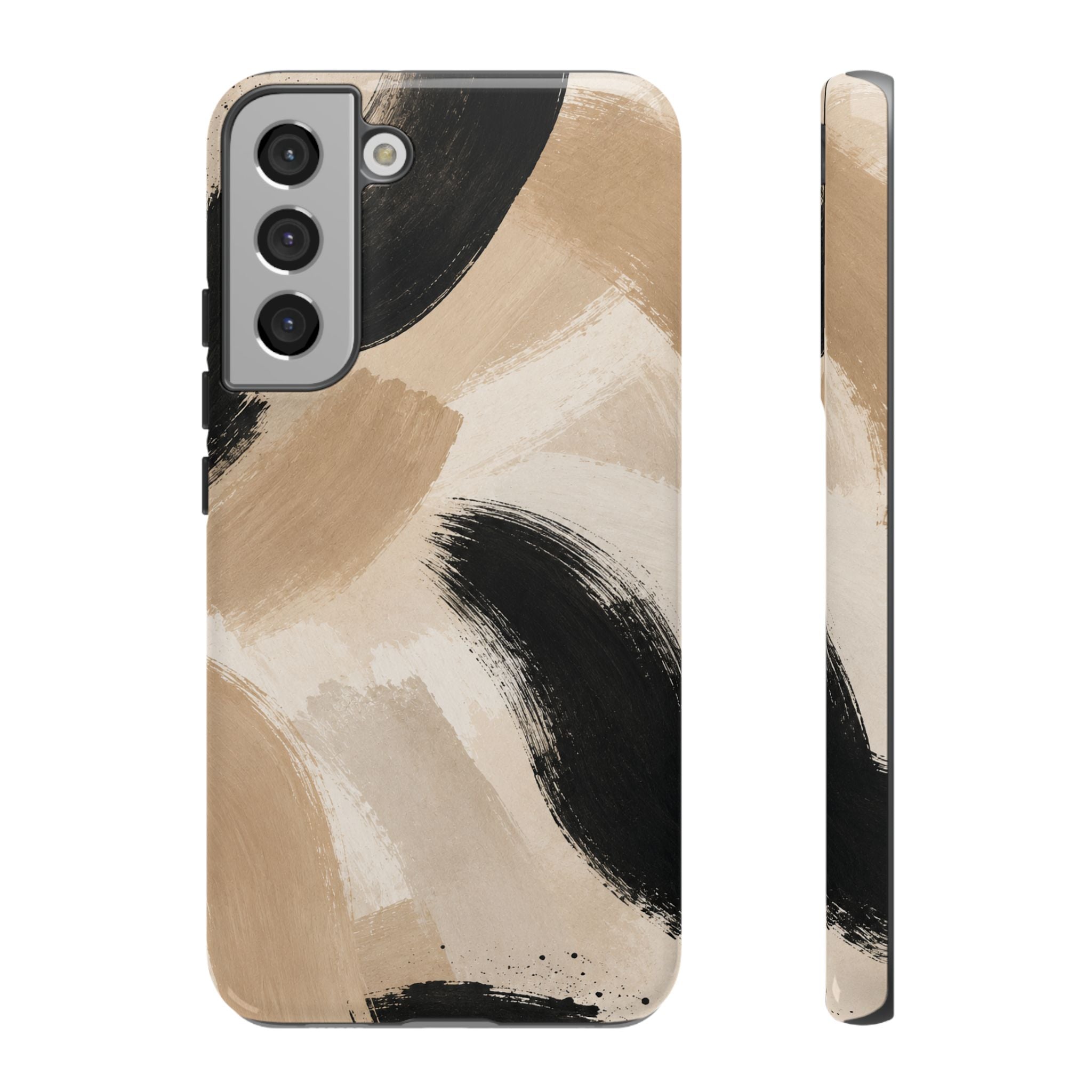 Neutral Brushstroke Tough Phone Case — Abstract Beige & Black Protective Cover