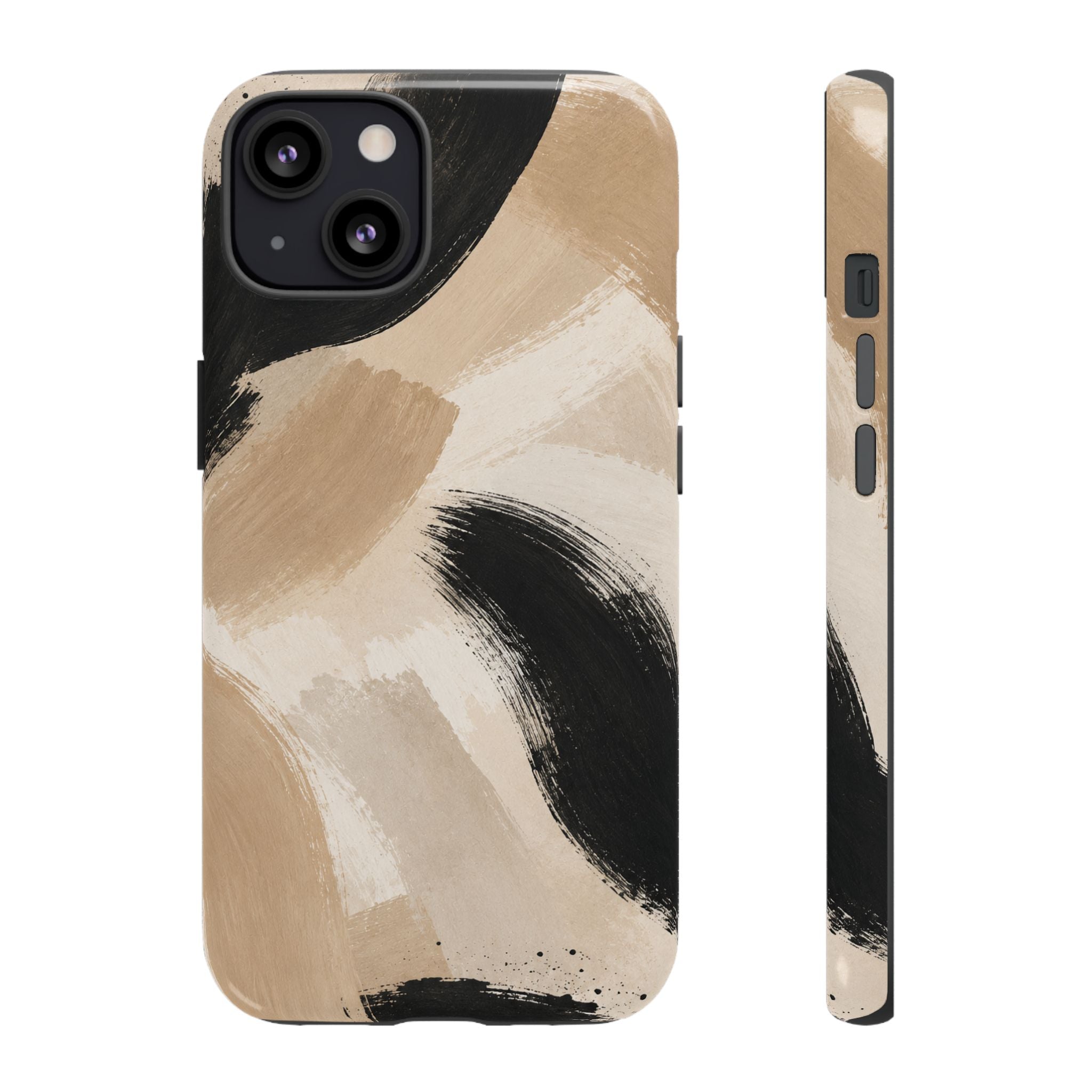 Neutral Brushstroke Tough Phone Case — Abstract Beige & Black Protective Cover
