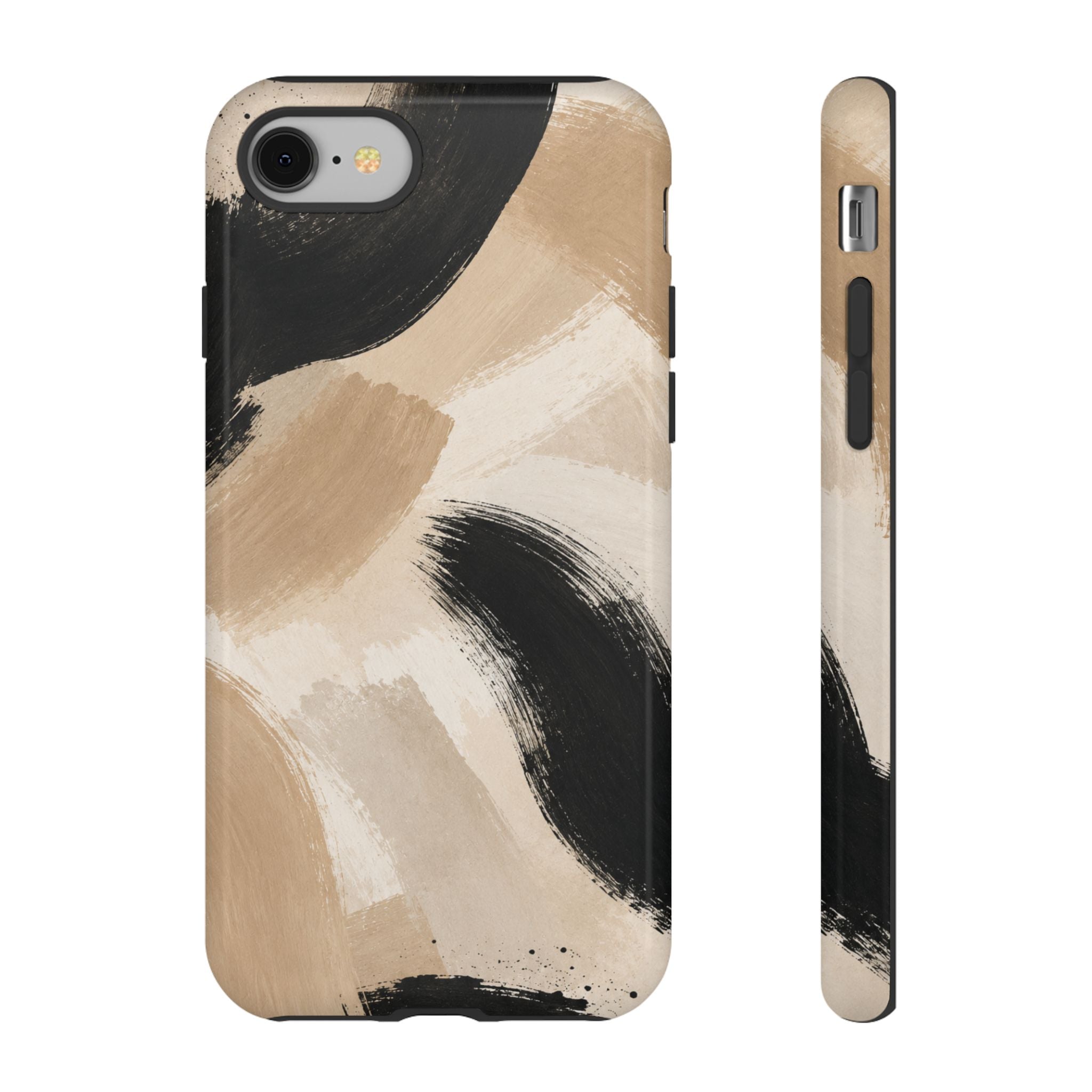 Neutral Brushstroke Tough Phone Case — Abstract Beige & Black Protective Cover