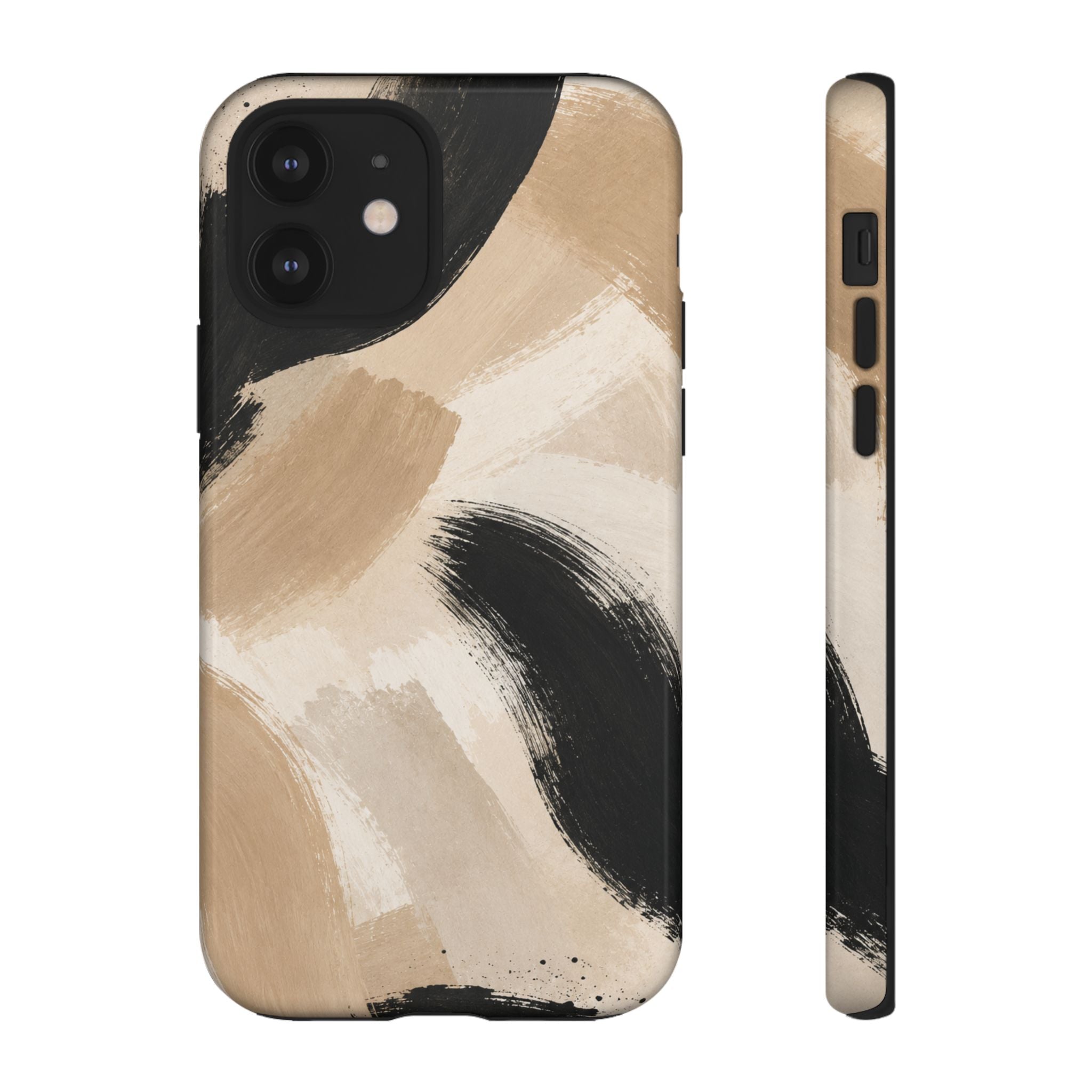 Neutral Brushstroke Tough Phone Case — Abstract Beige & Black Protective Cover