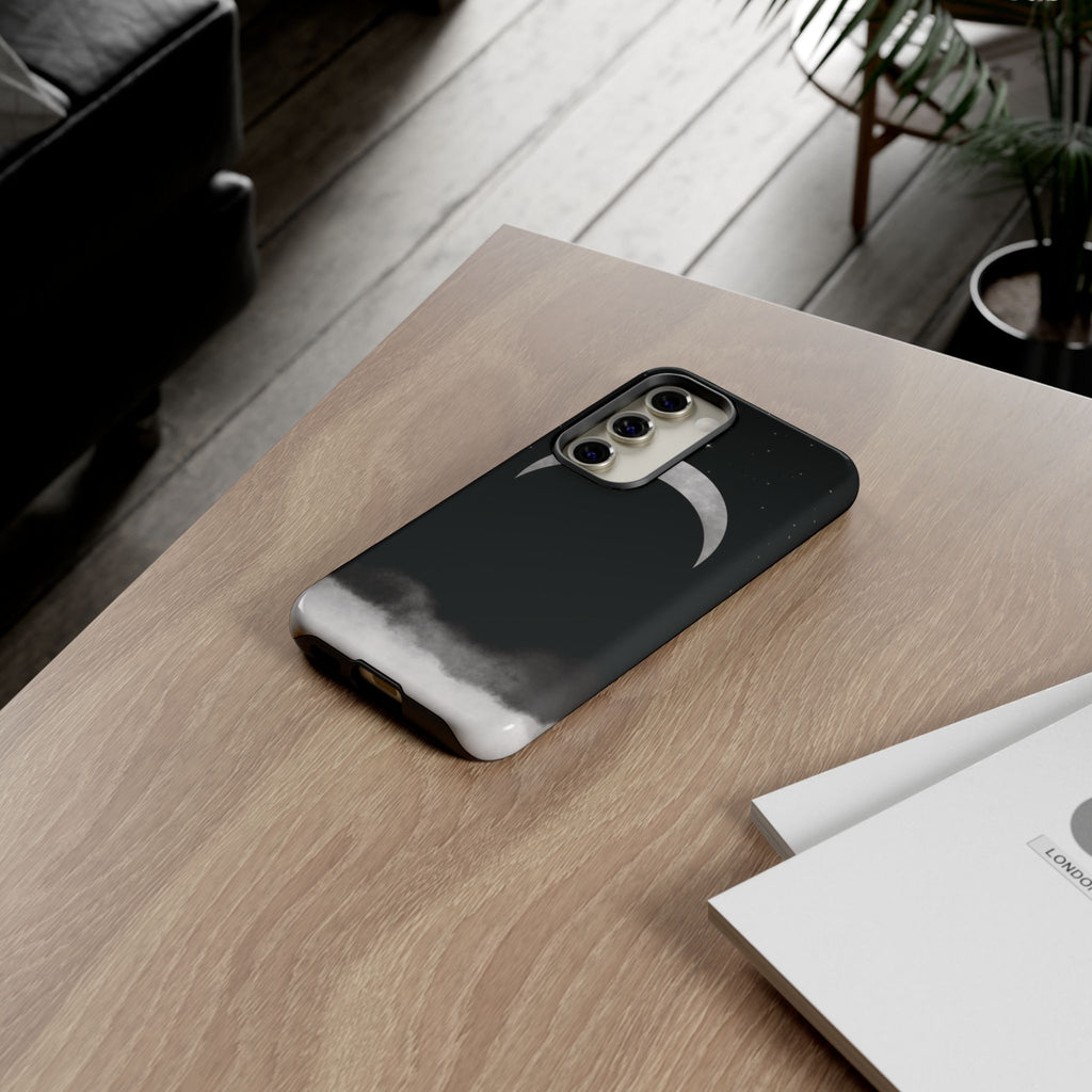 Lunar Crescent Tough Phone Case — Black Moon & Fog Protective Cover
