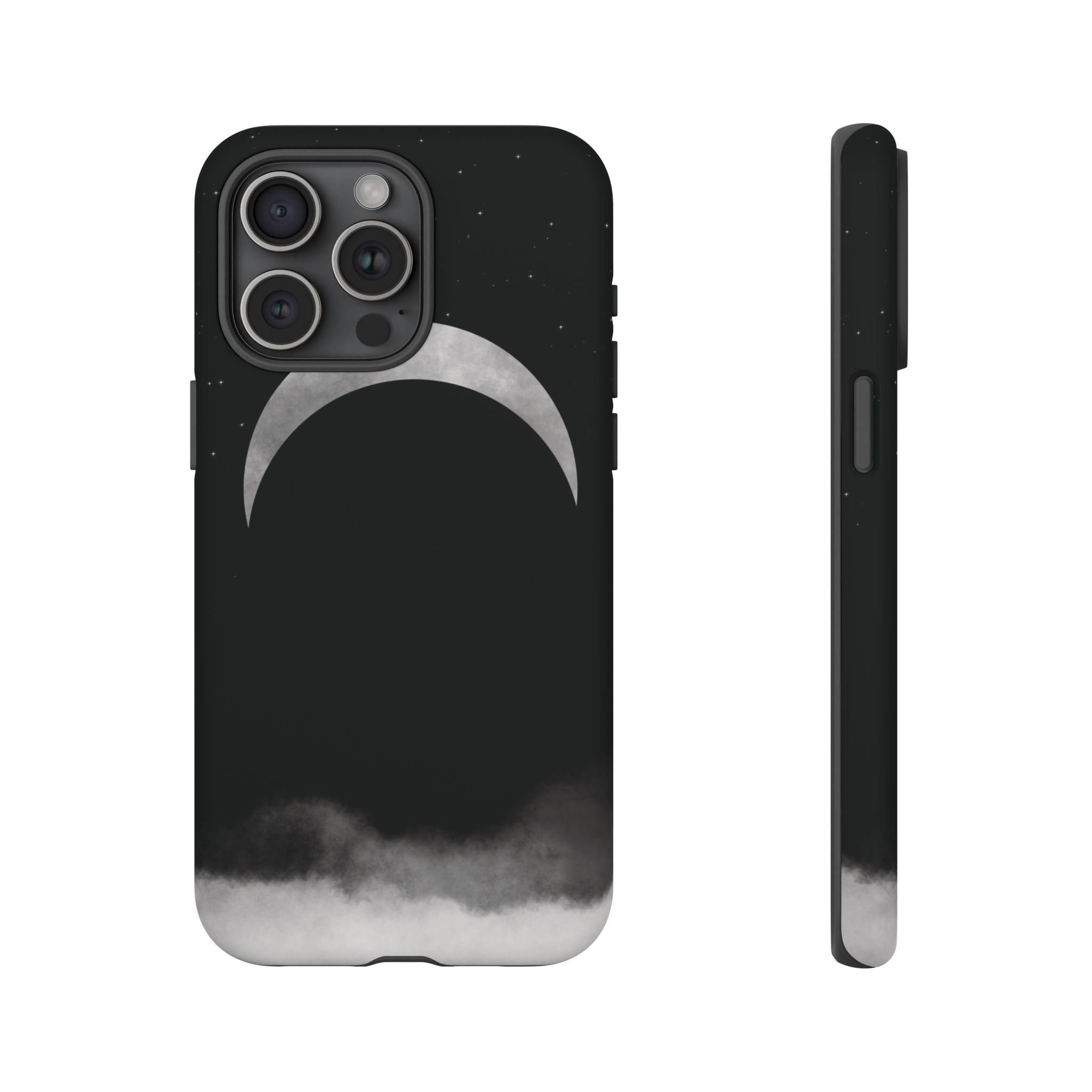 Lunar Crescent Tough Phone Case — Black Moon & Fog Protective Cover