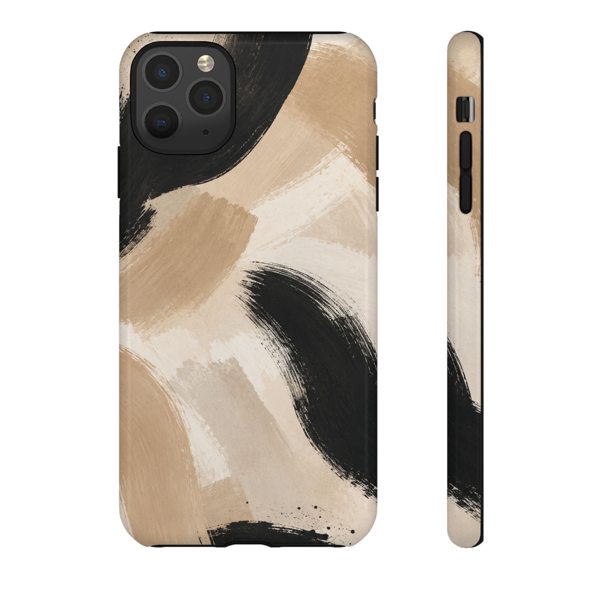 Neutral Brushstroke Tough Phone Case — Abstract Beige & Black Protective Cover