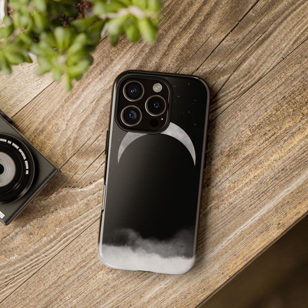 Lunar Crescent Tough Phone Case — Black Moon & Fog Protective Cover