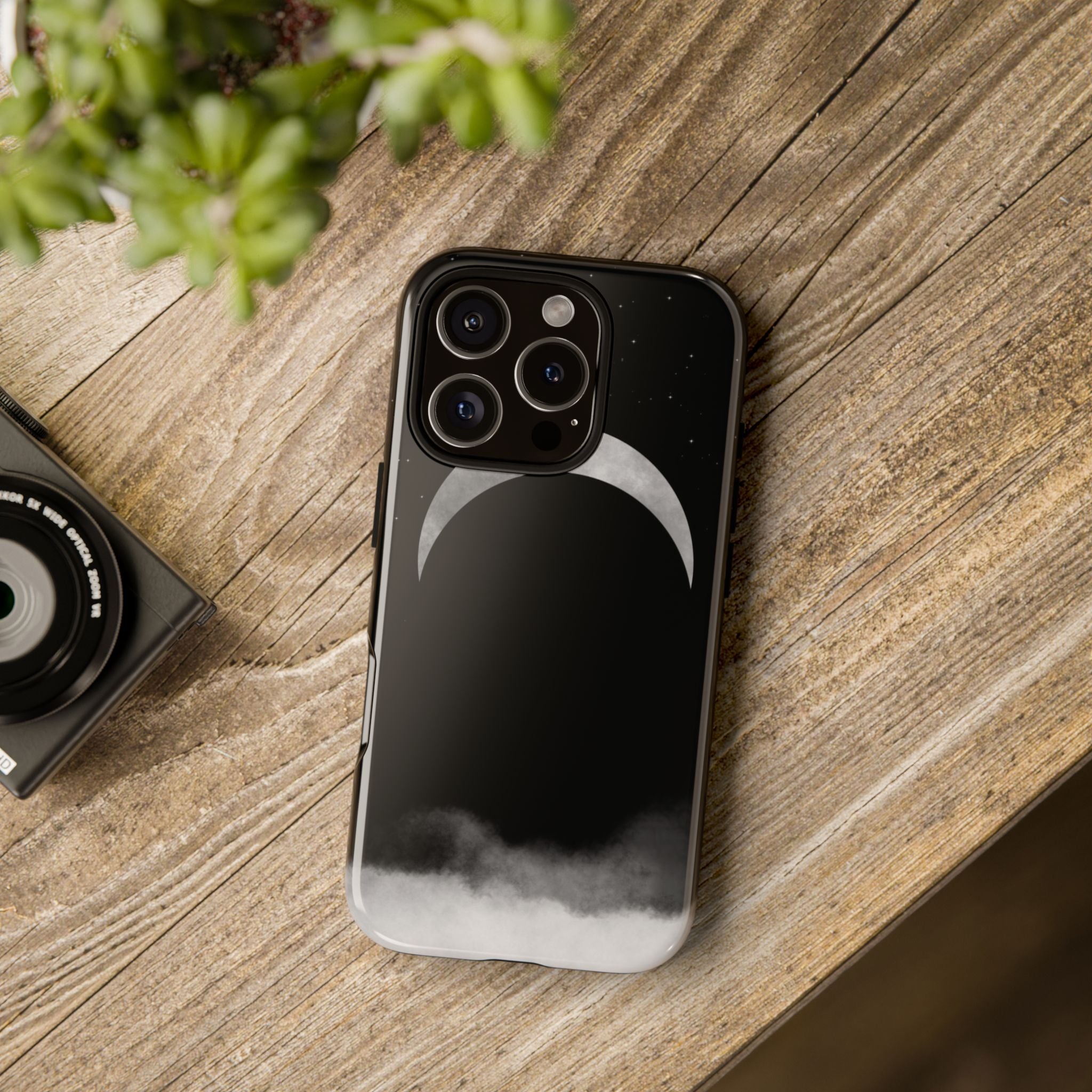 Lunar Crescent Tough Phone Case — Black Moon & Fog Protective Cover