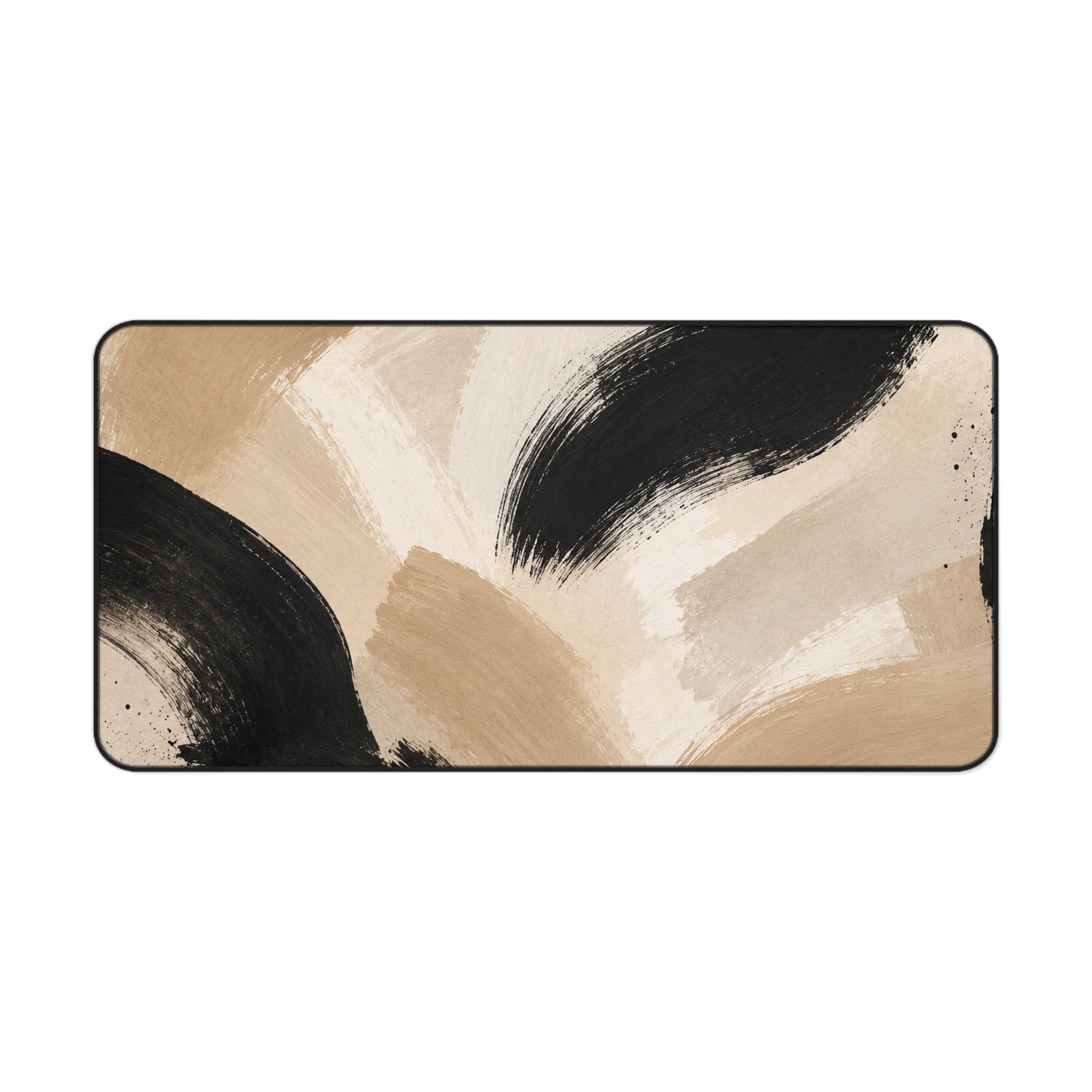 Neutral Abstract Brushstroke Desk Mat — Beige & Black Office Desk Pad