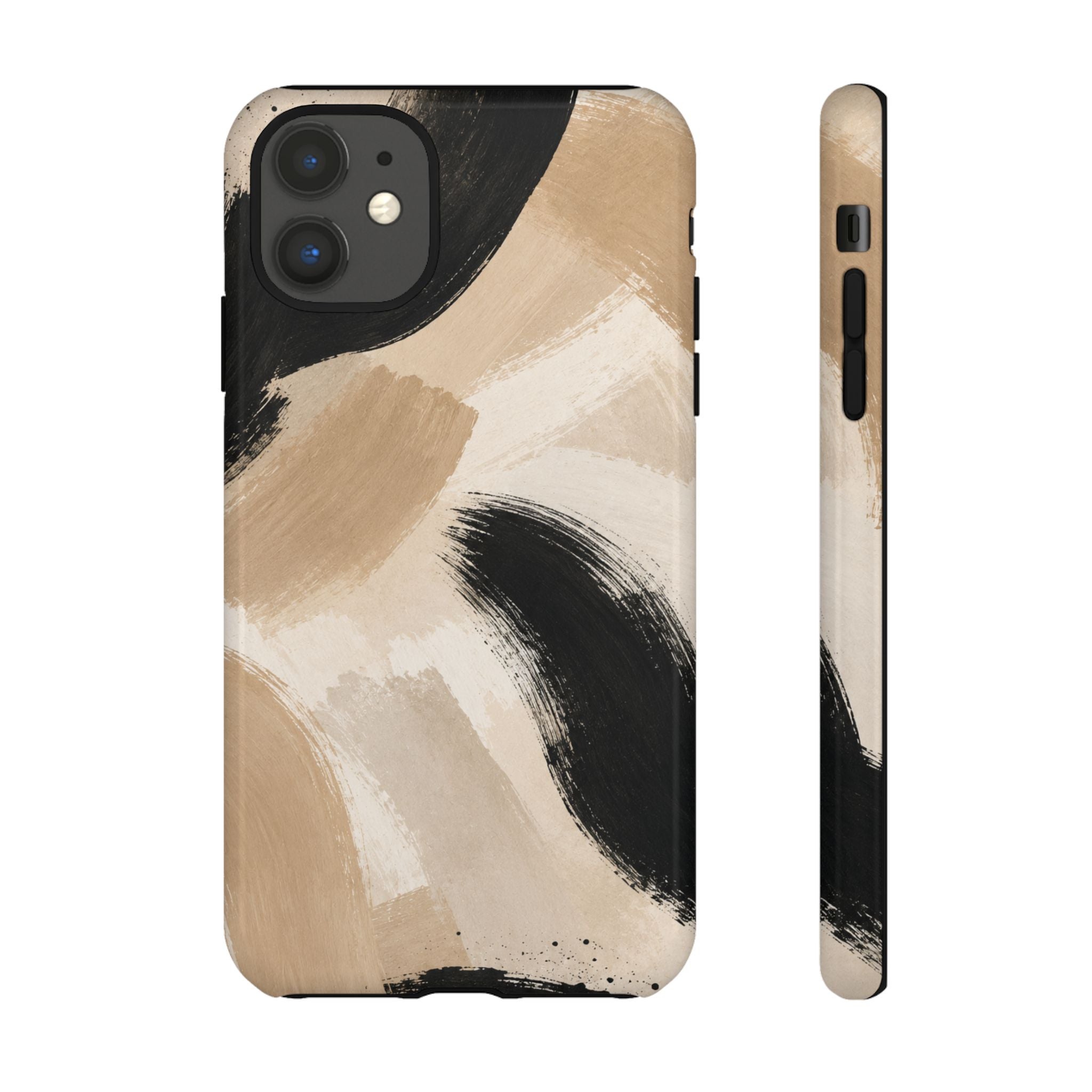 Neutral Brushstroke Tough Phone Case — Abstract Beige & Black Protective Cover