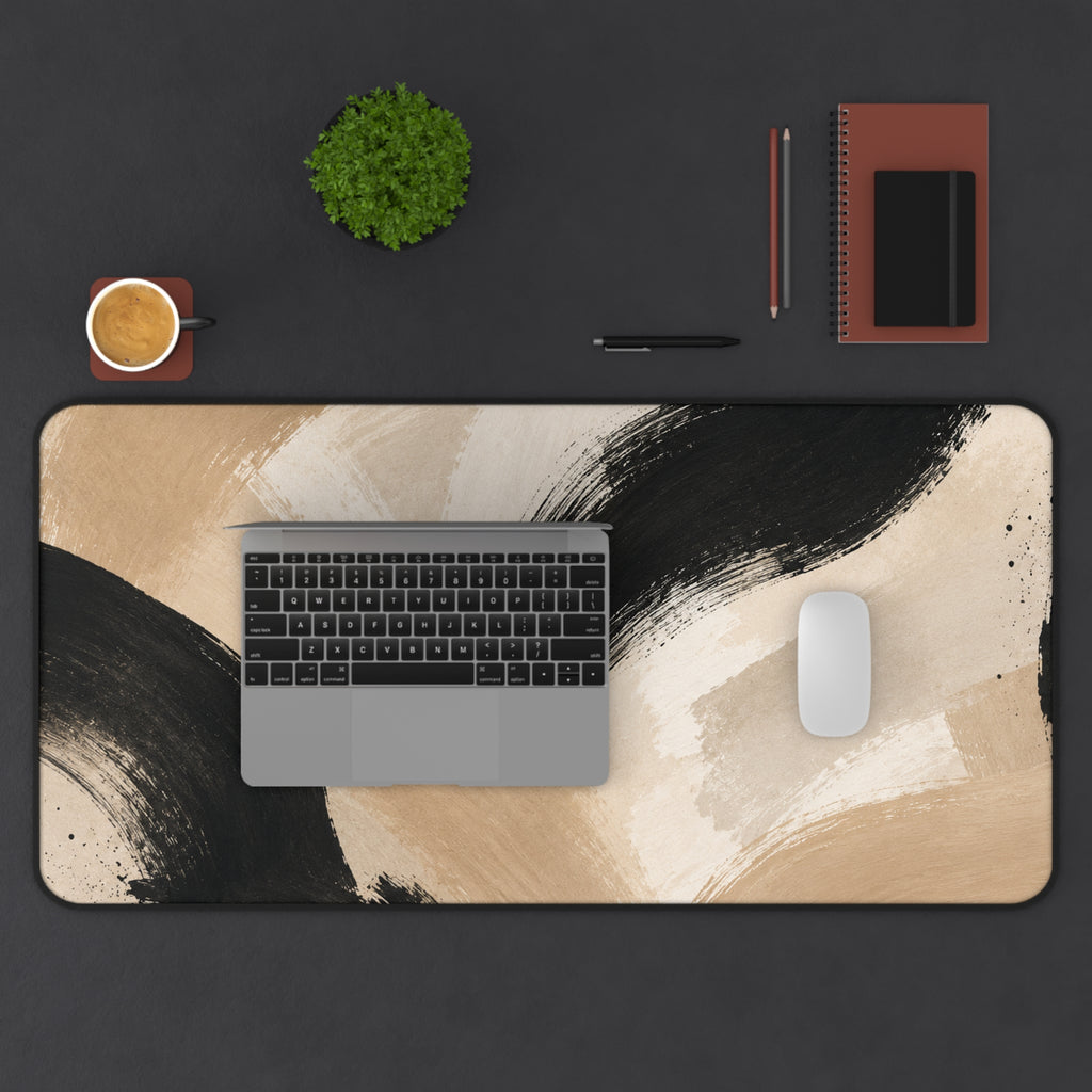 Neutral Abstract Brushstroke Desk Mat — Beige & Black Office Desk Pad