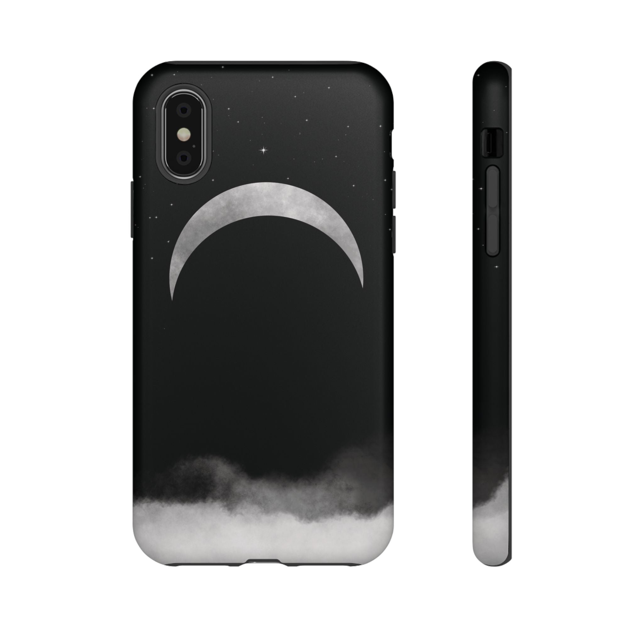 Lunar Crescent Tough Phone Case — Black Moon & Fog Protective Cover