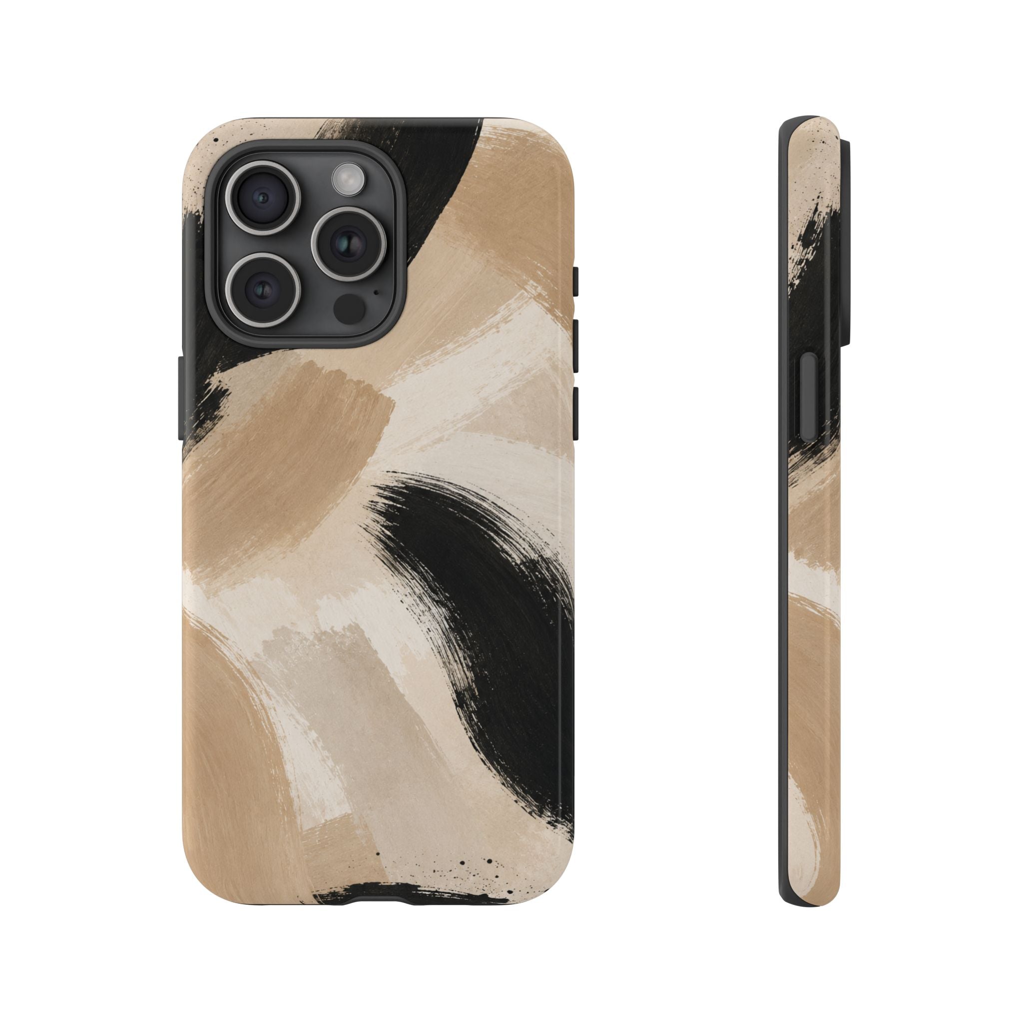 Neutral Brushstroke Tough Phone Case — Abstract Beige & Black Protective Cover