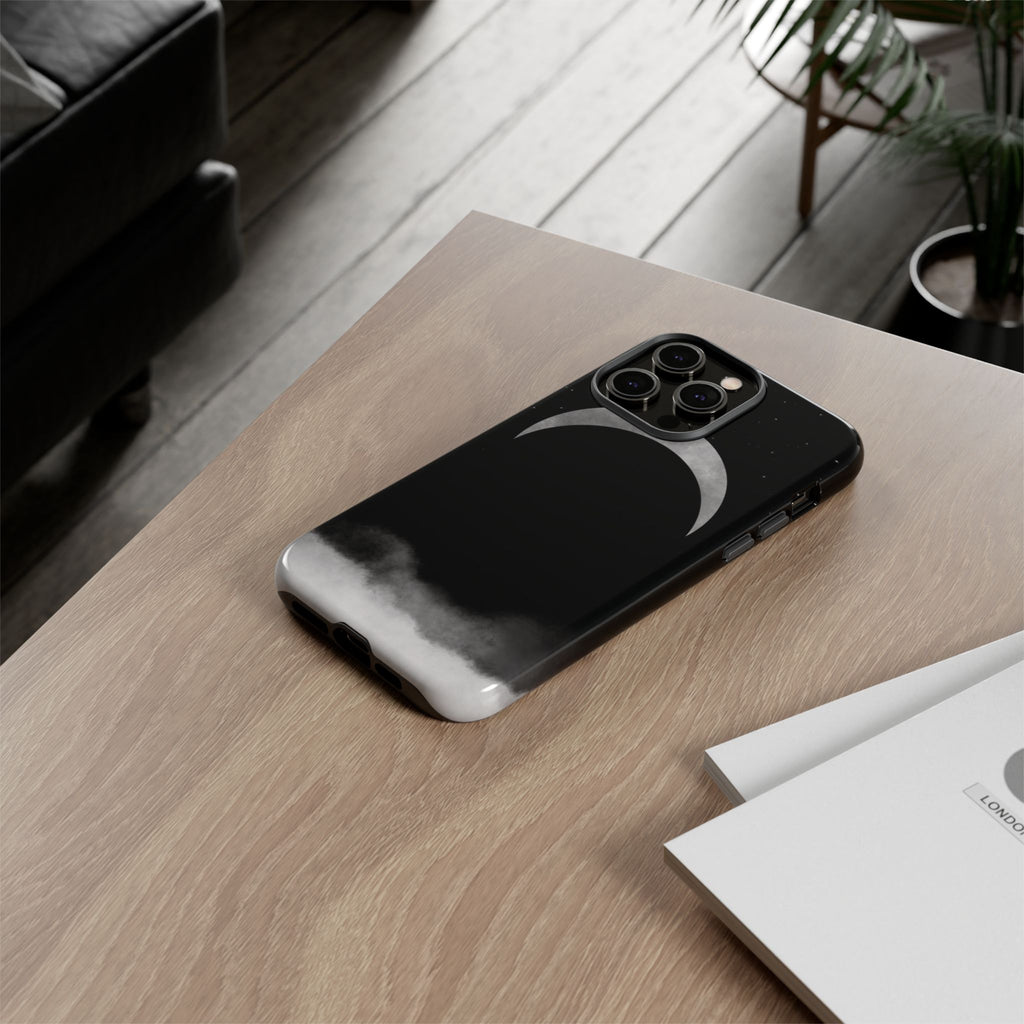 Lunar Crescent Tough Phone Case — Black Moon & Fog Protective Cover