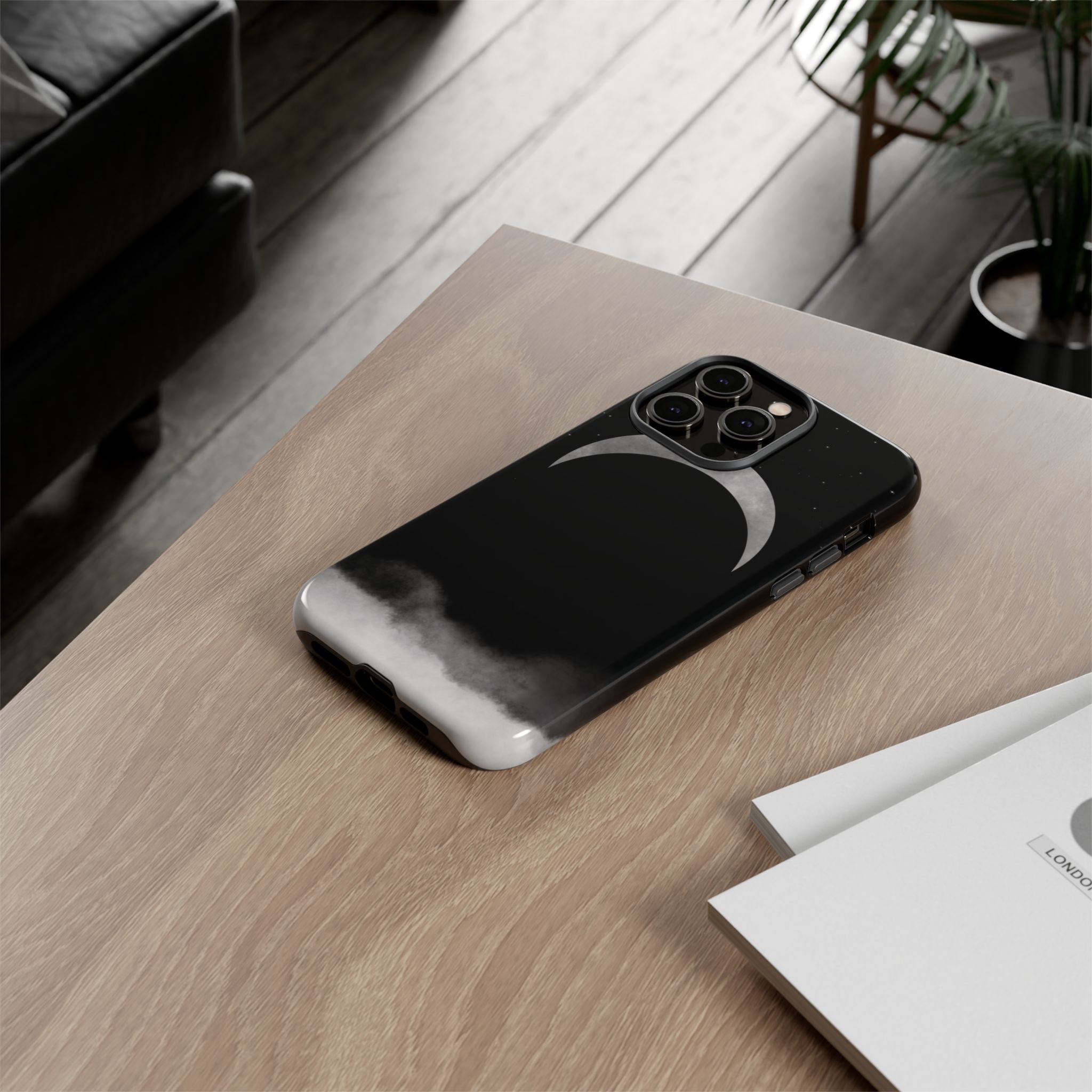 Lunar Crescent Tough Phone Case — Black Moon & Fog Protective Cover