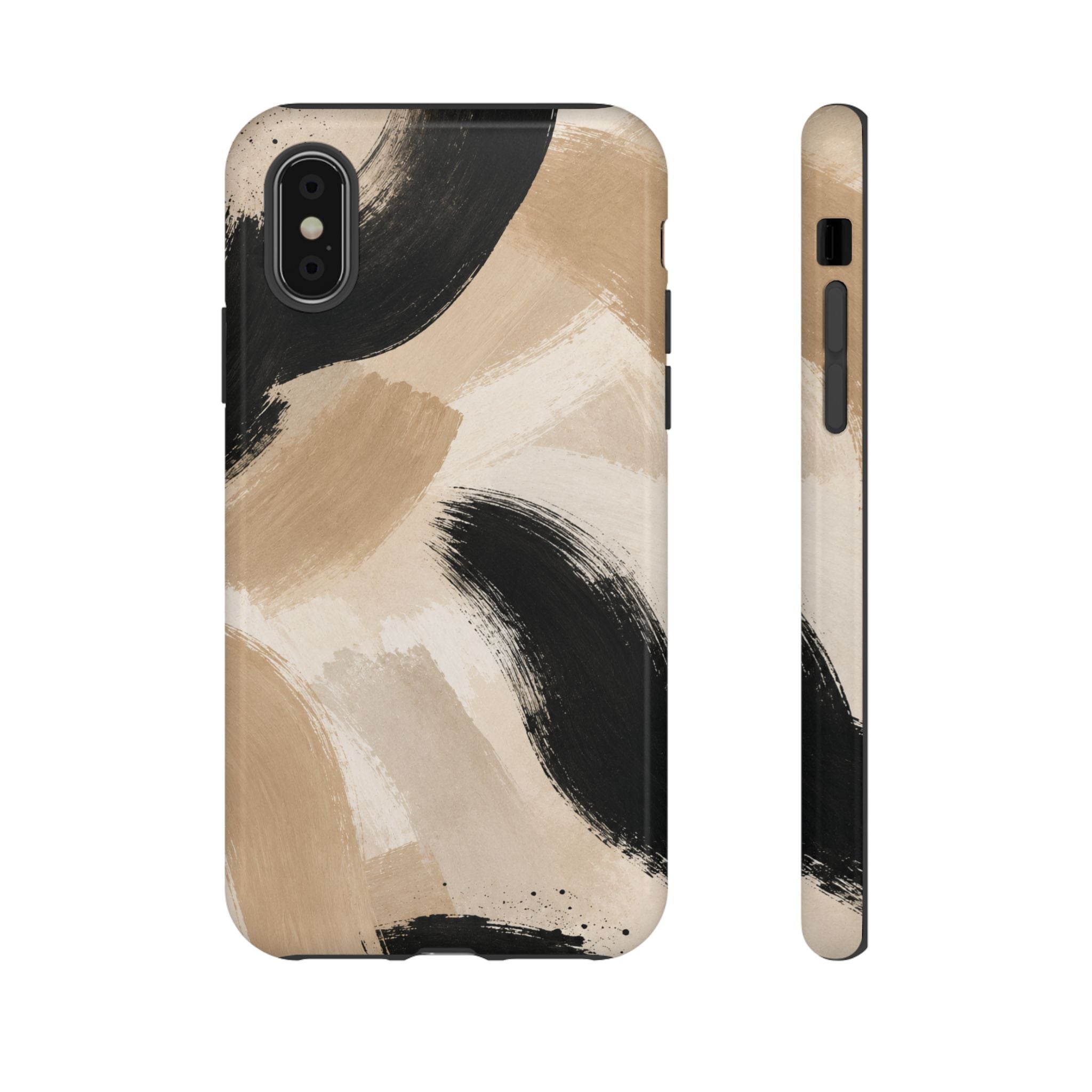 Neutral Brushstroke Tough Phone Case — Abstract Beige & Black Protective Cover