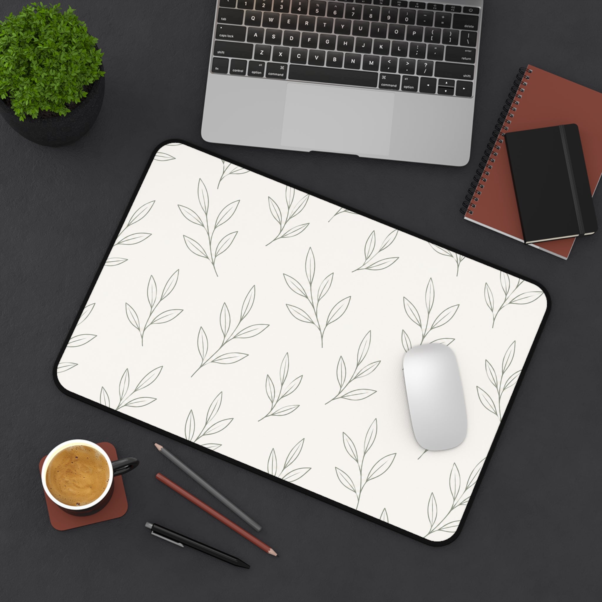 Minimal Botanical Desk Mat — Neutral Leaf Pattern Mouse Pad