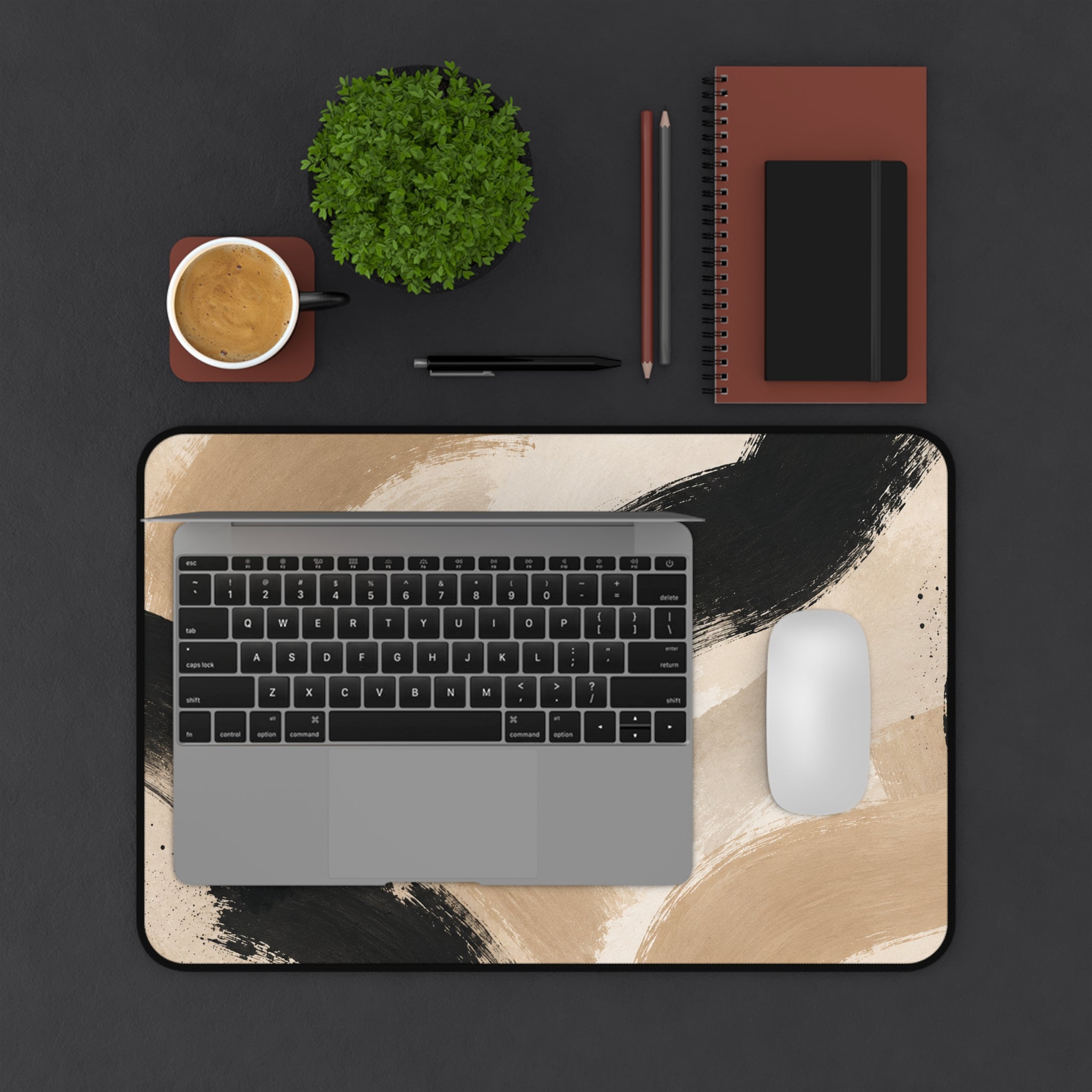 Neutral Abstract Brushstroke Desk Mat — Beige & Black Office Desk Pad