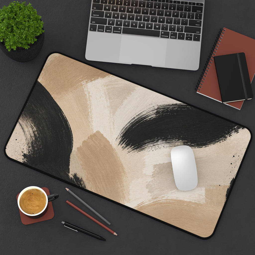 Neutral Abstract Brushstroke Desk Mat — Beige & Black Office Desk Pad