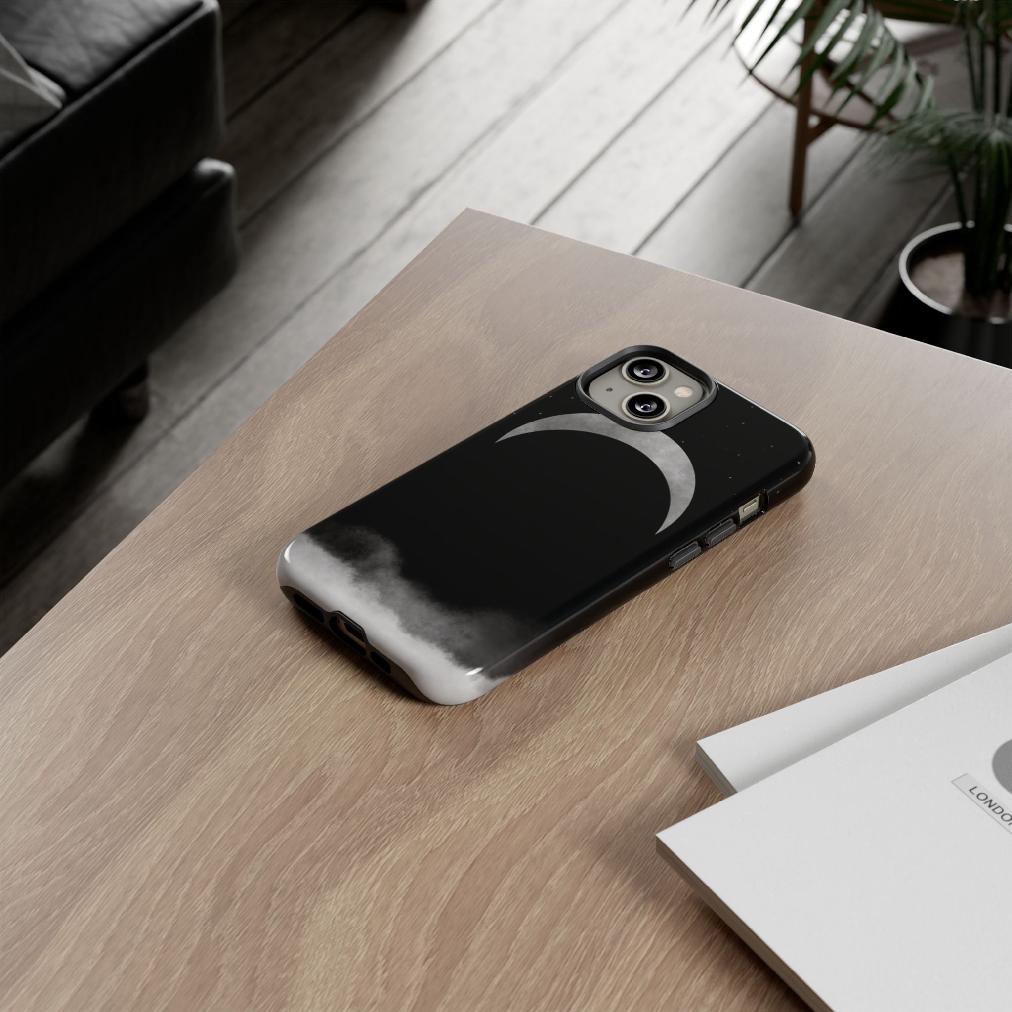 Lunar Crescent Tough Phone Case — Black Moon & Fog Protective Cover