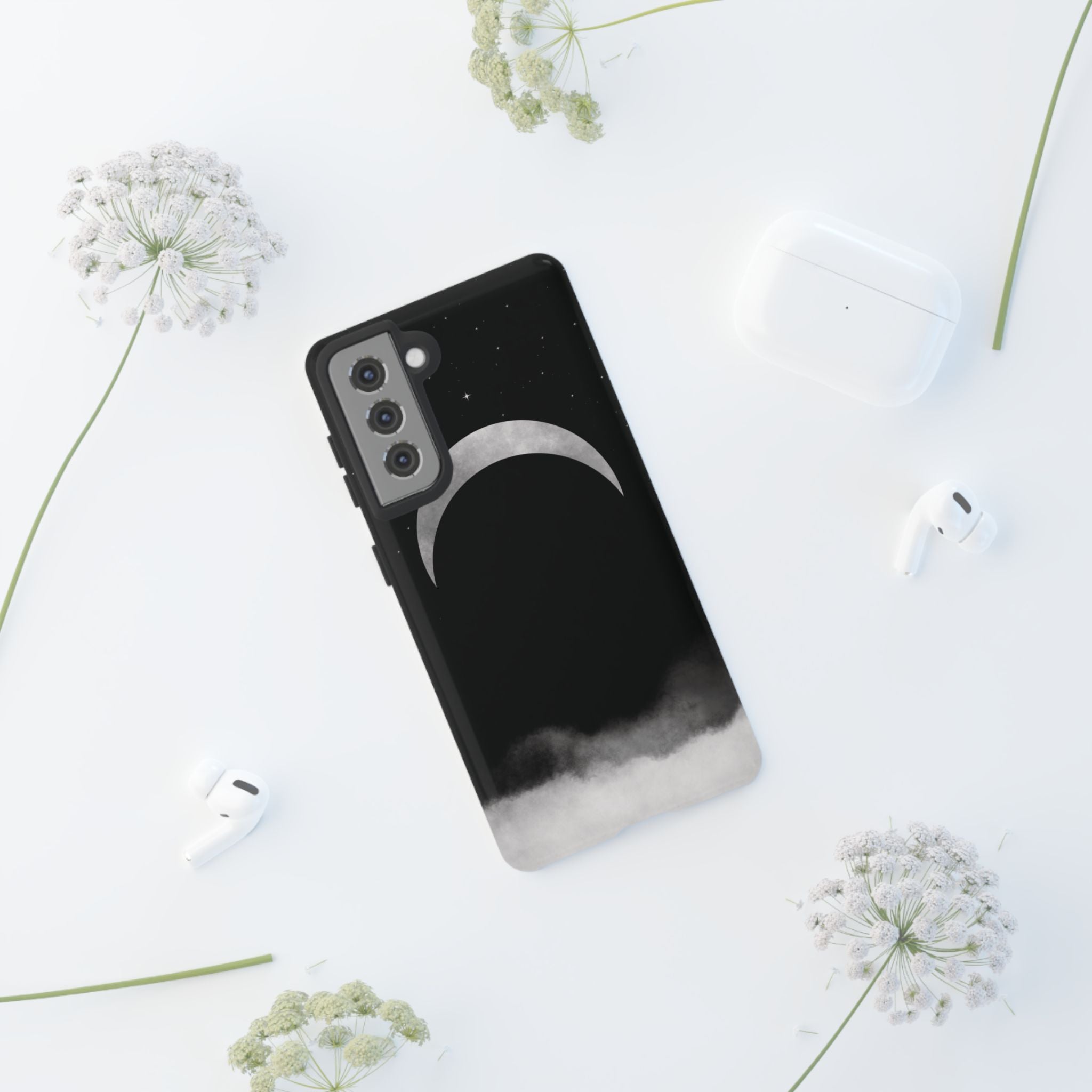 Lunar Crescent Tough Phone Case — Black Moon & Fog Protective Cover
